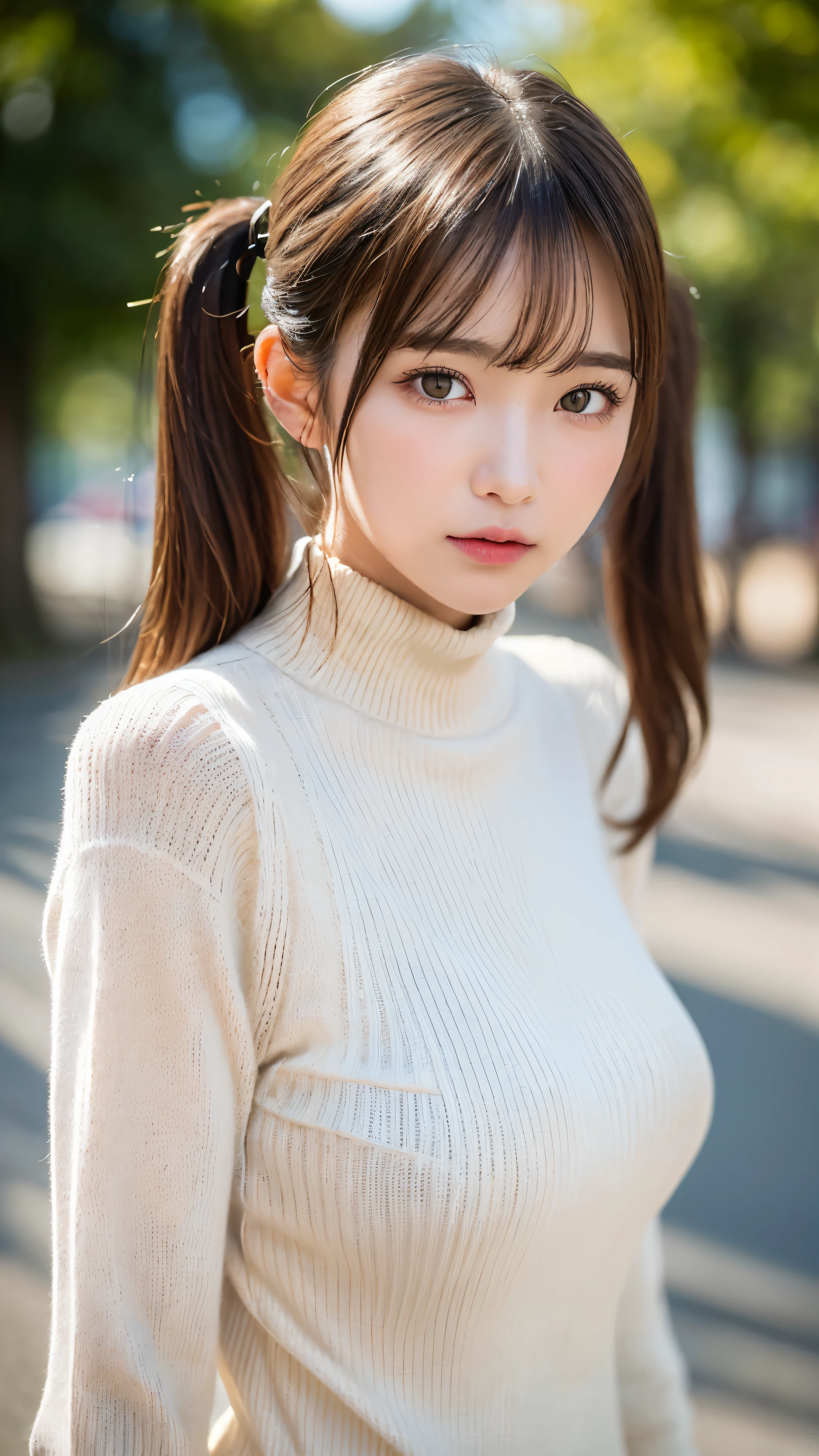 (masterpiece:1.5)、(realistic:1.5)、(highest quality:1.4、8K、RAW photo)、 ultra high resolution、professional lighting、perfect dynamic composition、take a walk outdoors、 film grain、chromatic aberration、(Bokeh:1.1)、 Frank、Sophisticated、charm、超realistic、high detail、golden ratio、 (1 girl)、slender girl、繊細でcharm女の子、cute woman:1.4、 serious expression、looking at the viewer、light brown hair、shining hair、The hairstyle is twin tails、 skin that looks real、 close your mouth、fine eyes、double eyelid、thin arms、(white high neck sweater dress:1.3)