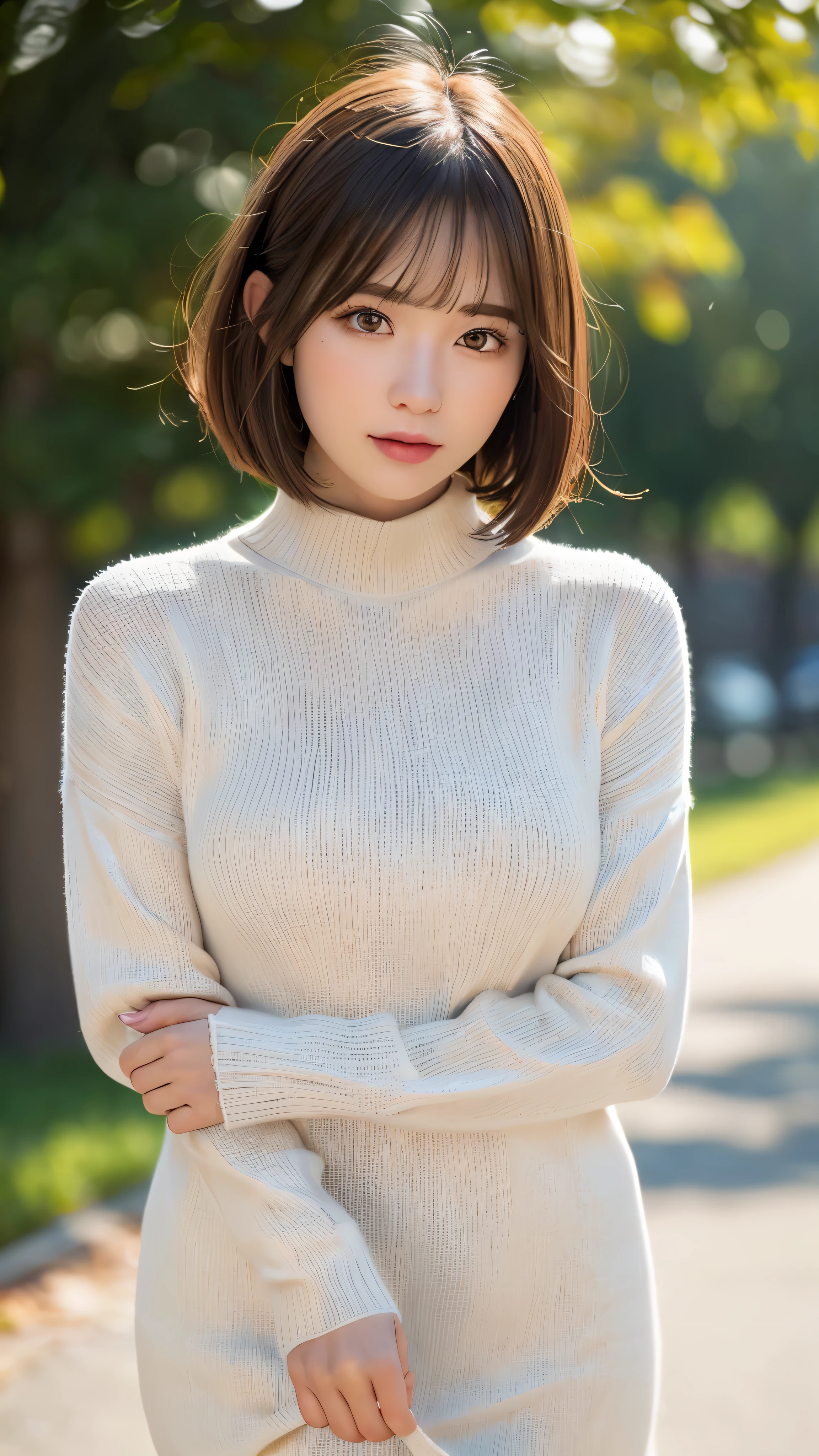 (masterpiece:1.5)、(realistic:1.5)、(highest quality:1.4、8K、RAW photo)、 ultra high resolution、professional lighting、perfect dynamic composition、take a walk outdoors、 film grain、chromatic aberration、(Bokeh:1.1)、 Frank、Sophisticated、charm、超realistic、high detail、golden ratio、 (1 girl)、slender girl、繊細でcharm女の子、cute woman:1.4、 serious expression、looking at the viewer、light brown hair、shining hair、The hairstyle is a bob cut、 skin that looks real、 close your mouth、fine eyes、double eyelid、thin arms、(white high neck sweater dress:1.3)