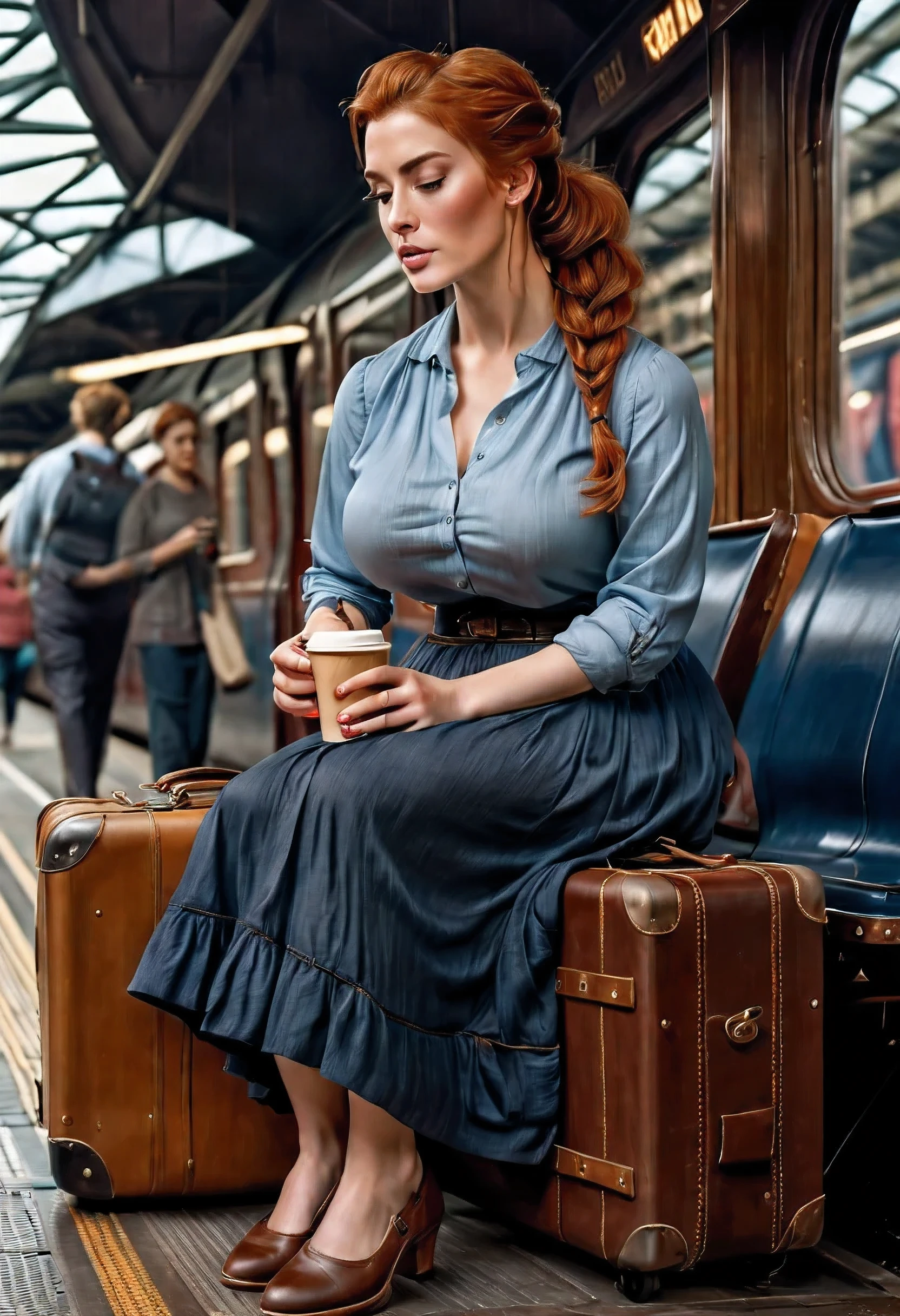 (masterpiece, best quality:1.2), 1girl, solo, (full shot), (masterwork), (intricate details:1.2), (photorealistic), a beautiful and mature scottish woman on a quiet train platform, sitting on a large suitcase, (drinking a takeaway coffee). Wearing a long skirt, leather shoes, blue linen blouse. She's got brownish-red hair, made into a ponytail, high cheekbones, strong eyebrows, downturned eyes, (brown eyes). Light skin with (freckles:0.6).  She is voluptuous and has very large breasts.
