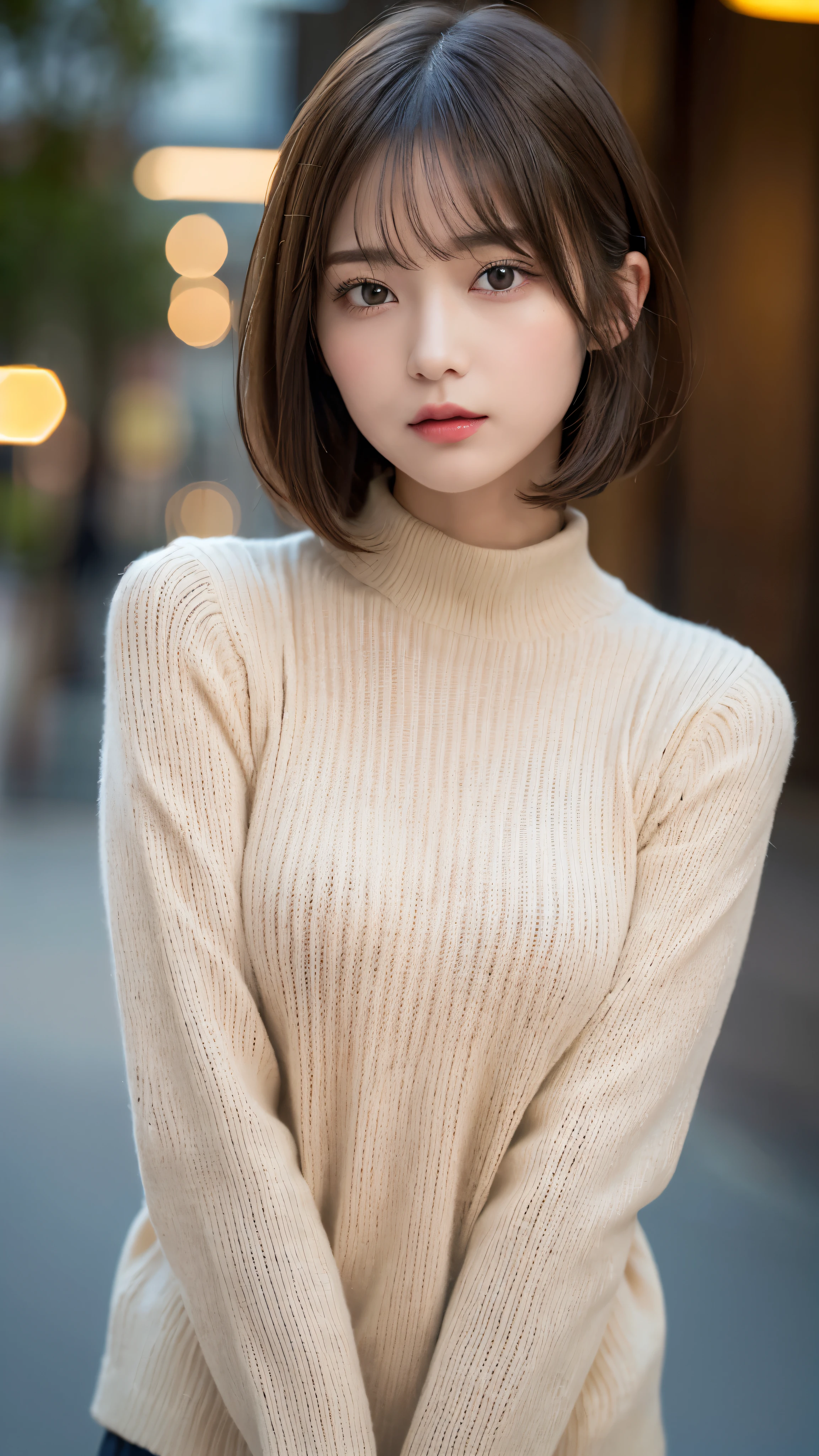 (masterpiece:1.5)、(realistic:1.5)、(highest quality:1.4、8K、RAW photo)、 ultra high resolution、professional lighting、perfect dynamic composition、film grain、chromatic aberration、(Bokeh:1.1)、 Frank、Sophisticated、charm、超realistic、high detail、golden ratio、 (1 girl)、slender girl、繊細でcharm女の子、cute woman:1.4、 serious expression、looking at the viewer、light brown hair、shining hair、The hairstyle is a bob cut、 skin that looks real、 close your mouth、fine eyes、double eyelid、thin arms、white high neck rib sweater
