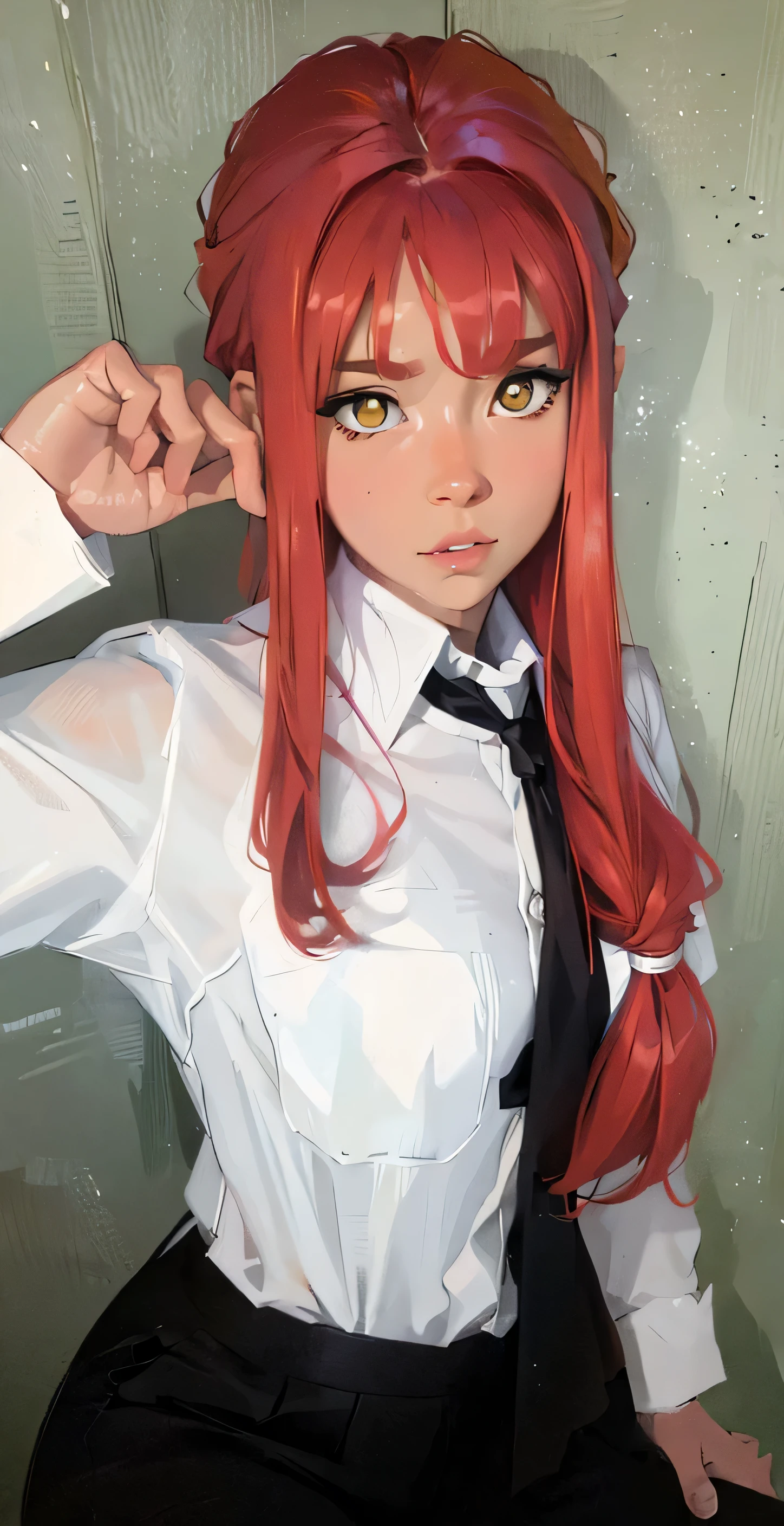 ((Best Quality, 8K, Masterpiece: 1.3)), best quality, ultra high res, there is a girl with red hair wearing a white shirt and black tie, anime girl, gold yellow eyes, red pony tail hair and gold eyes, anime cosplay, makima, anime inspired, cosplay, chainsaw man makima, makima cosplay, anime girl in real life, hyperrealistic , makima from chainsawman, professional cosplay