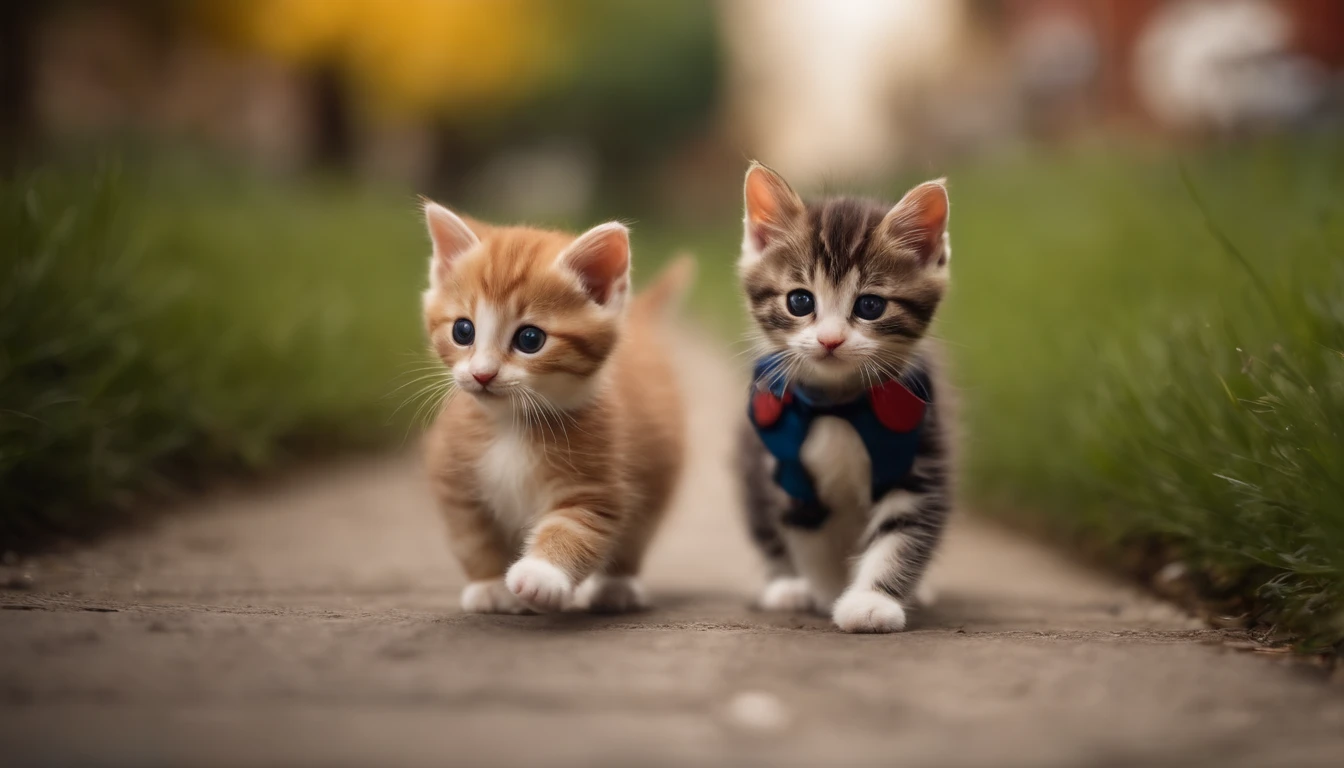 I have two little kittens, a cute little cat, cute kittens, Cutest, Incredibly cute, Adorable and cute, And cute and lovely. They are walking down the street with backpacks,wearing police uniform, Walking together, commute, Proudly walk down the street, And the cat is walking. They are cute in the style of 🍂 and 🍁, Adorable and cute, Cute and adorable, oh, nice and cute. They are known as real-life Tom and Jerry.