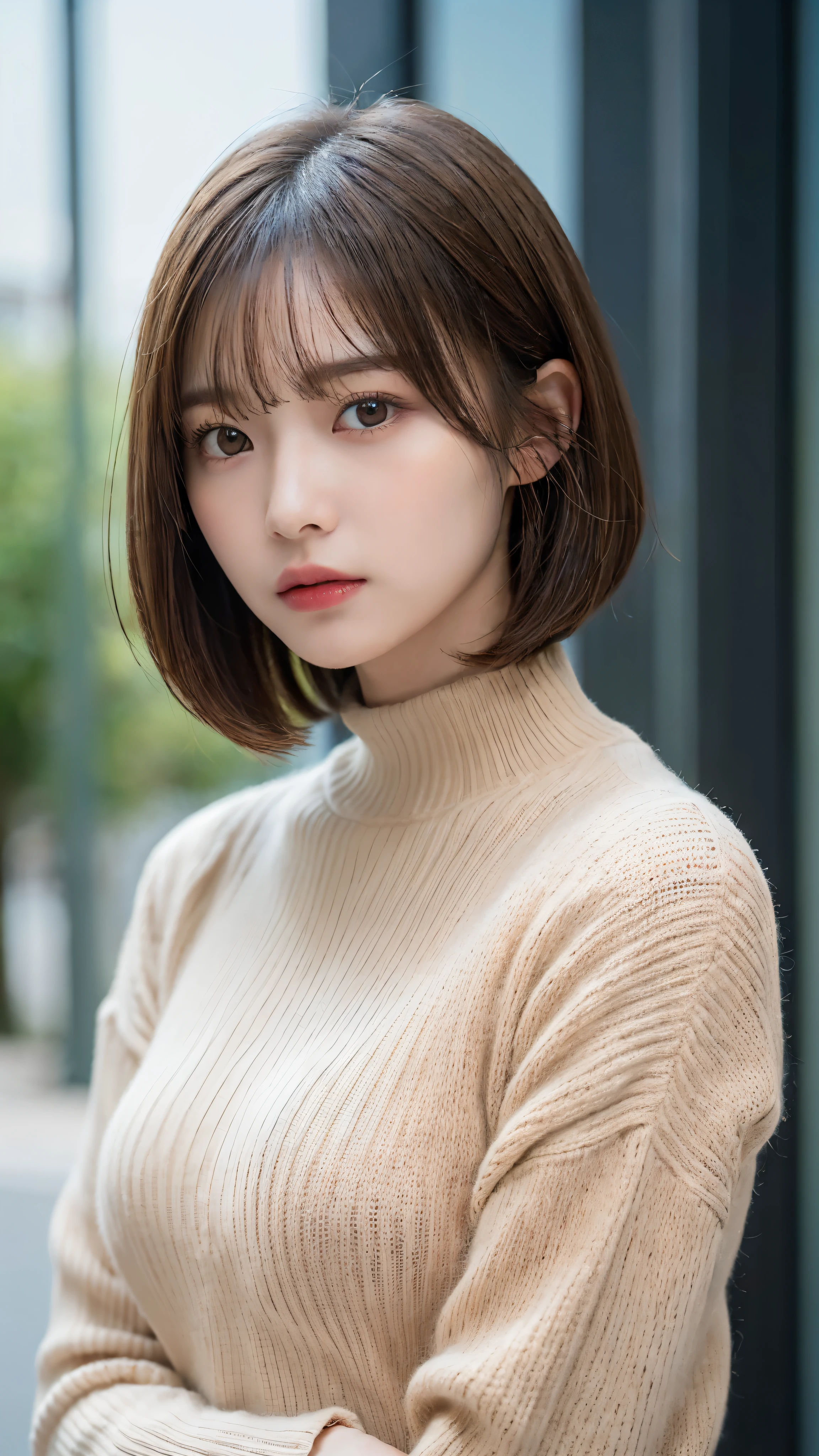 (masterpiece:1.5)、(realistic:1.5)、(highest quality:1.4、8K、RAW photo)、 ultra high resolution、professional lighting、perfect dynamic composition、film grain、chromatic aberration、(Bokeh:1.1)、 Frank、Sophisticated、charm、超realistic、high detail、golden ratio、 (1 girl)、slender girl、繊細でcharm女の子、cute woman:1.4、 serious expression、looking at the viewer、light brown hair、shining hair、The hairstyle is a bob cut、 skin that looks real、 close your mouth、fine eyes、double eyelid、thin arms、red high neck rib sweater