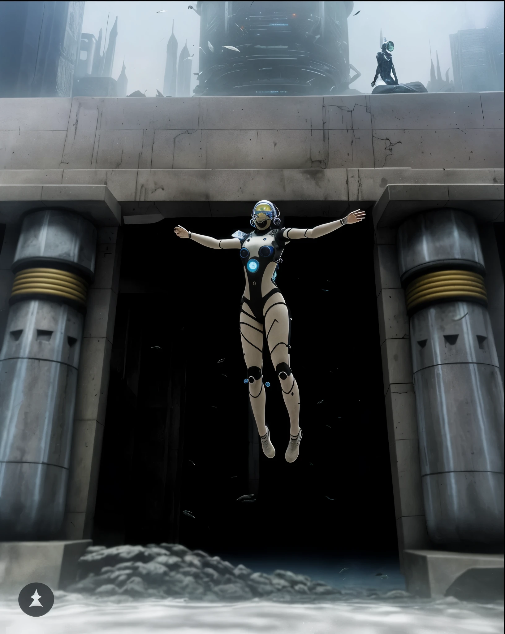 Underwater, scuba diving! there is a woman that is jumping in the air, android girl in egyptian ruins, rising from a crypt, submerged on titan, female ascending, cybertronic hindu temple, scene from the movie prometheus, female ascending into the sky, depicted as a scifi scene, metropolis, steven klein, metropolis background, aeon flux style, exterior of scifi temple