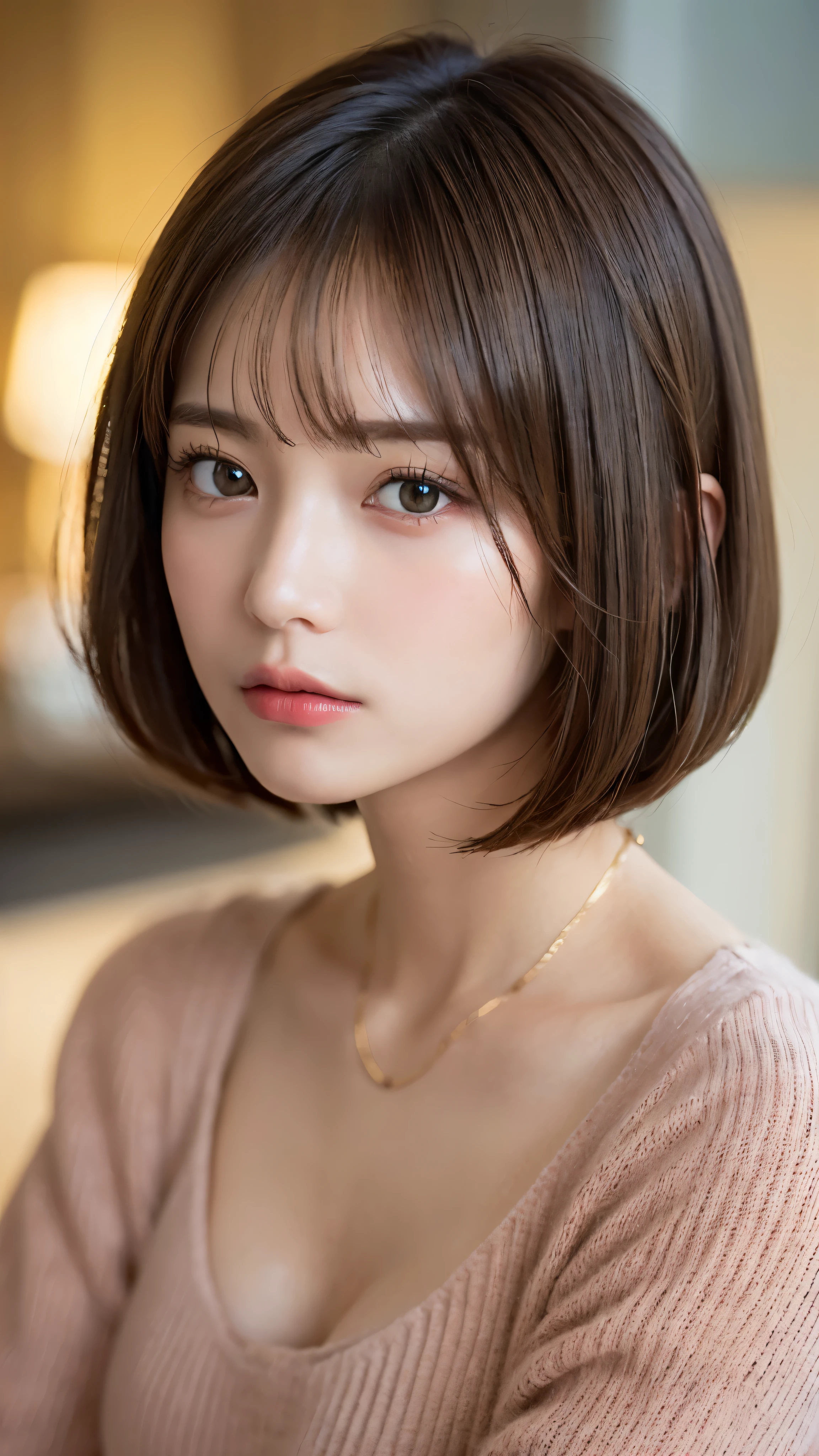 (masterpiece:1.5)、(realistic:1.5)、(highest quality:1.4、8K、RAW photo)、 ultra high resolution、professional lighting、perfect dynamic composition、film grain、chromatic aberration、(Bokeh:1.1)、 Frank、Sophisticated、charm、超realistic、high detail、golden ratio、 (1 girl)、slender girl、繊細でcharm女の子、cute woman:1.4、 serious expression、looking at the viewer、light brown hair、shining hair、The hairstyle is a bob cut、 skin that looks real、 close your mouth、fine eyes、double eyelid、thin arms、red high neck rib sweater