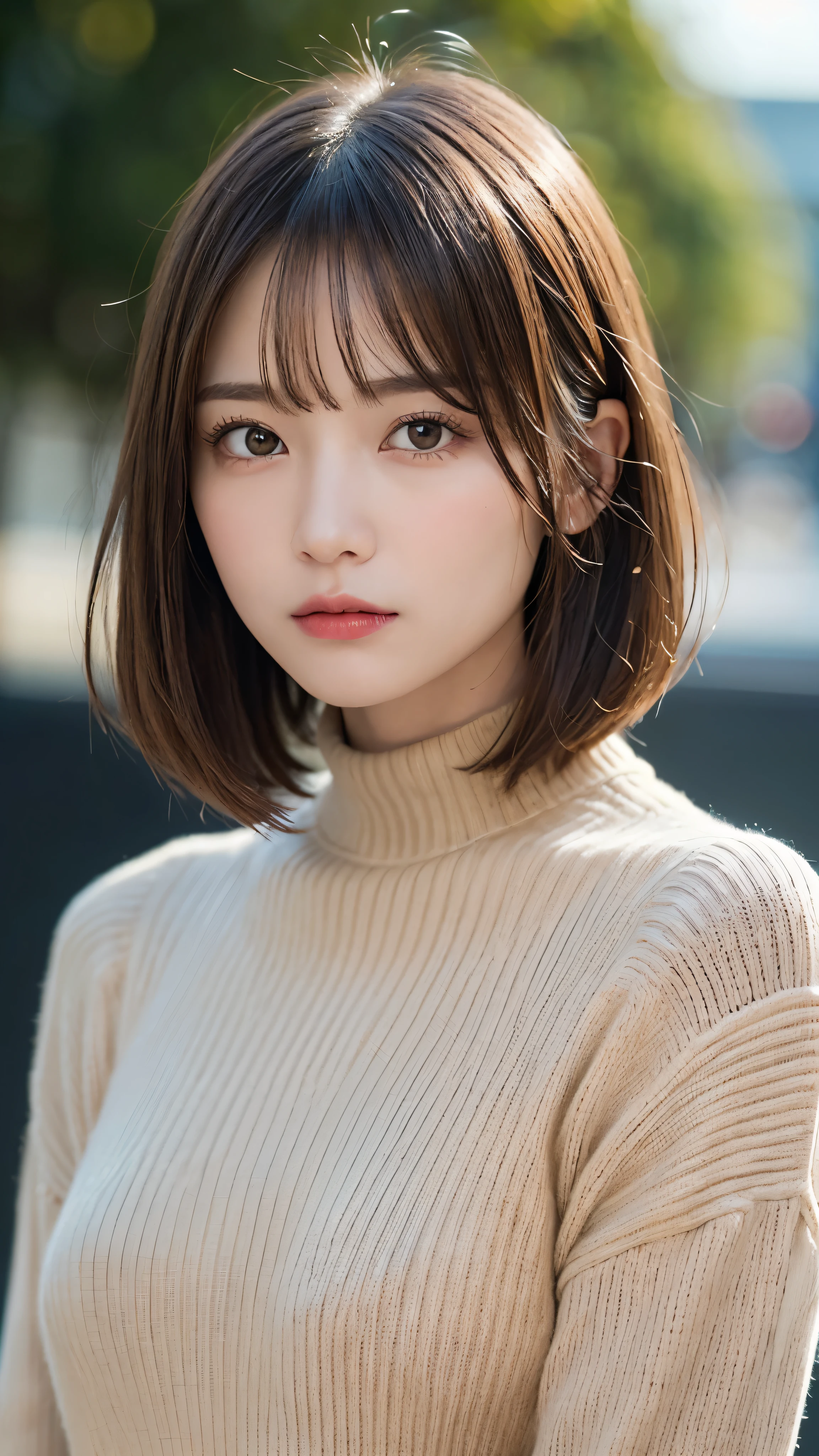 (masterpiece:1.5)、(realistic:1.5)、(highest quality:1.4、8K、RAW photo）、 ultra high resolution、professional lighting、perfect dynamic composition、film grain、chromatic aberration、(Bokeh:1.1)、 Frank、Sophisticated、charm、超realistic、high detail、golden ratio、 (1 girl)、slender girl、繊細でcharm女の子、cute woman:1.4、 serious expression、looking at the viewer、light brown hair、shining hair、The hairstyle is a bob cut、 skin that looks real、 close your mouth、fine eyes、double eyelid、thin arms、red high neck rib sweater