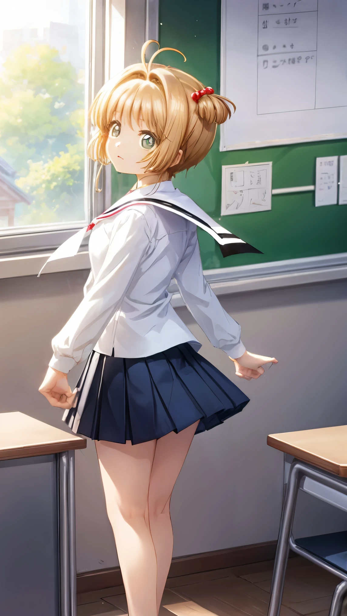 highest quality、one girl、、full body figure,perfect 5-fingered hands、Kinomoto Sakura, tomoeda elementary school unifect thing、big breasts、perfect arms、perfect legs、detailed description、small details、detailed face、white skin、Voluptuous legs、classroom、back view、White panties looking back、I can see your panties、Skirt flip、lift skirt、erotic pose