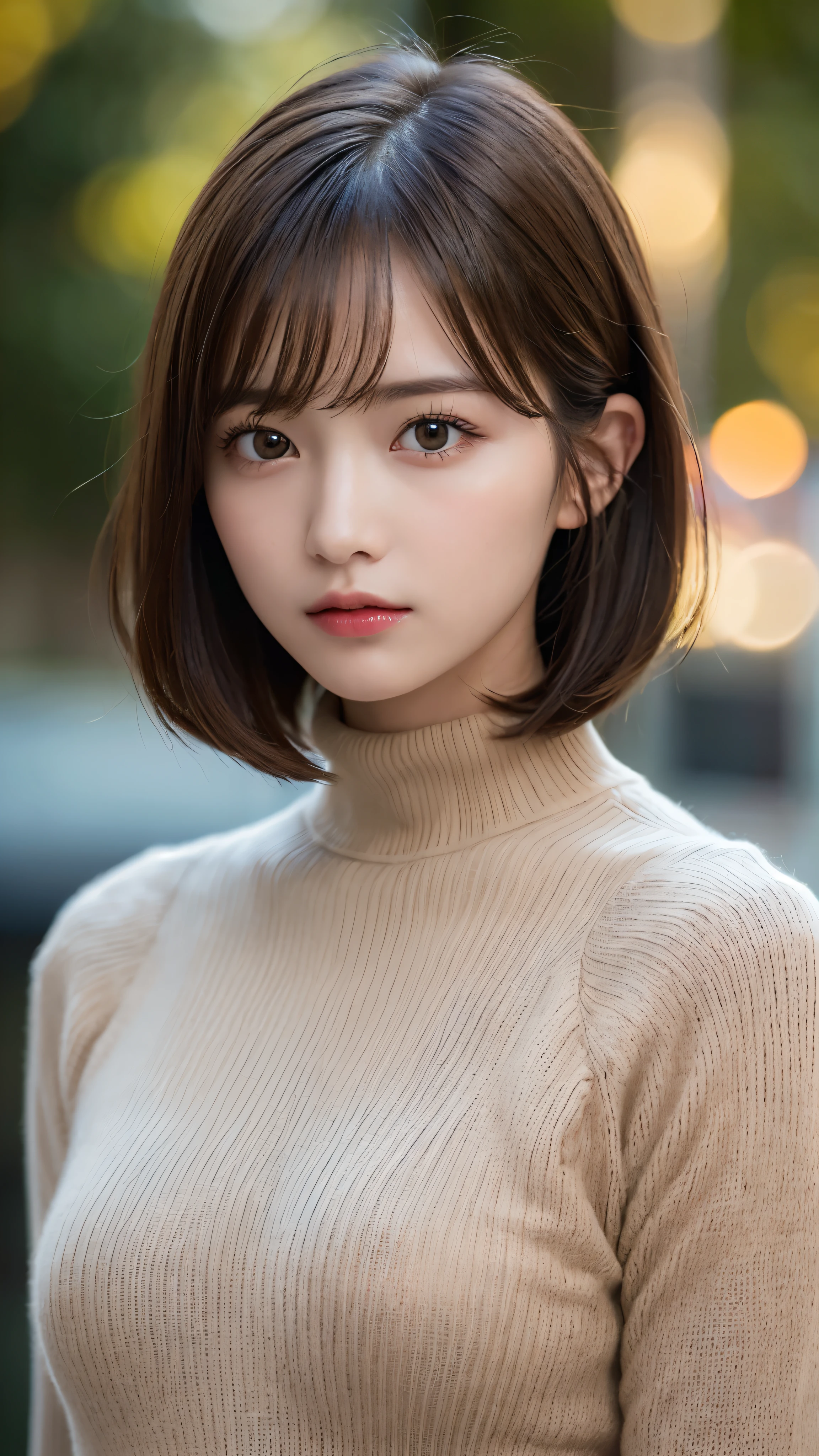 (masterpiece:1.5)、(realistic:1.5)、(highest quality:1.4、8K、RAW photo)、 ultra high resolution、professional lighting、perfect dynamic composition、film grain、chromatic aberration、(Bokeh:1.1)、 Frank、Sophisticated、charm、超realistic、high detail、golden ratio、 (1 girl)、slender girl、繊細でcharm女の子、cute woman:1.4、 serious expression、looking at the viewer、light brown hair、shining hair、The hairstyle is a bob cut、 skin that looks real、 close your mouth、fine eyes、double eyelid、thin arms、red high neck rib sweater