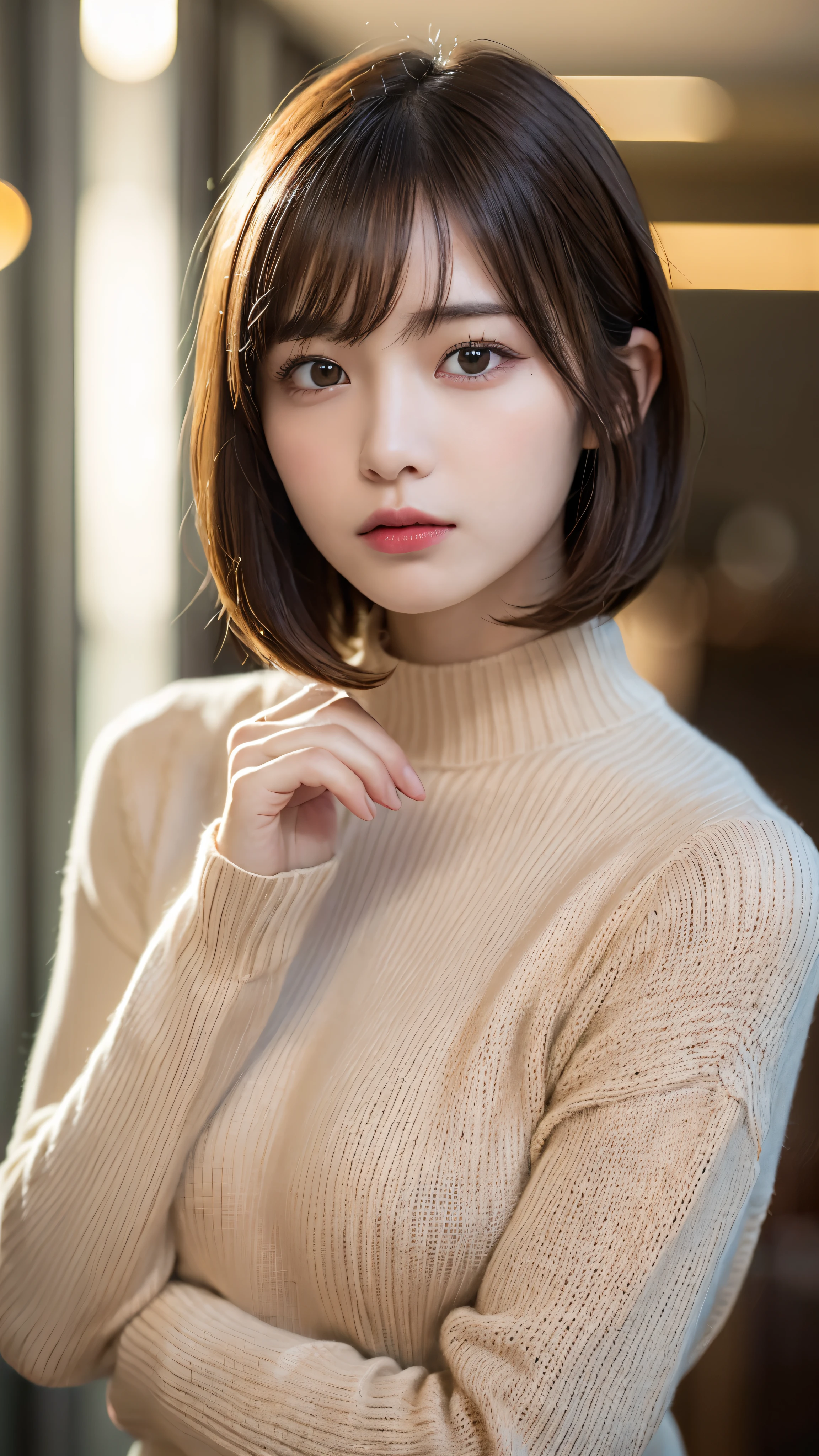 (masterpiece:1.5)、(realistic:1.5)、(highest quality:1.4、8K、RAW photo）、 ultra high resolution、professional lighting、perfect dynamic composition、film grain、chromatic aberration、(Bokeh:1.1)、 Frank、Sophisticated、charm、超realistic、high detail、golden ratio、 (1 girl)、slender girl、繊細でcharm女の子、cute woman:1.4、 serious expression、looking at the viewer、light brown hair、shining hair、The hairstyle is a bob cut、 skin that looks real、 close your mouth、fine eyes、double eyelid、thin arms、red high neck rib sweater
