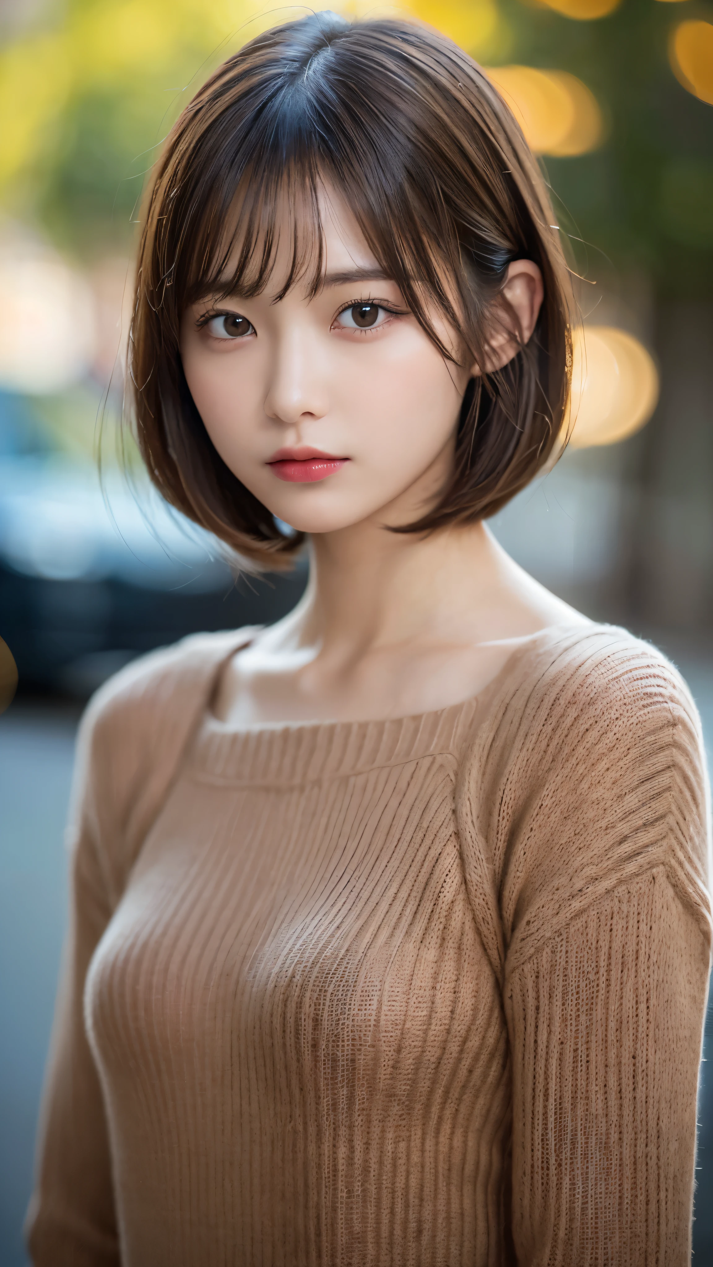(masterpiece:1.5)、(realistic:1.5)、(highest quality:1.4、8K、RAW photo)、 ultra high resolution、professional lighting、perfect dynamic composition、film grain、chromatic aberration、(Bokeh:1.1)、 Frank、Sophisticated、charm、超realistic、high detail、golden ratio、 (1 girl)、slender girl、繊細でcharm女の子、cute woman:1.4、 serious expression、looking at the viewer、light brown hair、shining hair、The hairstyle is a bob cut、 skin that looks real、 close your mouth、fine eyes、double eyelid、thin arms、(red high neck rib sweater)