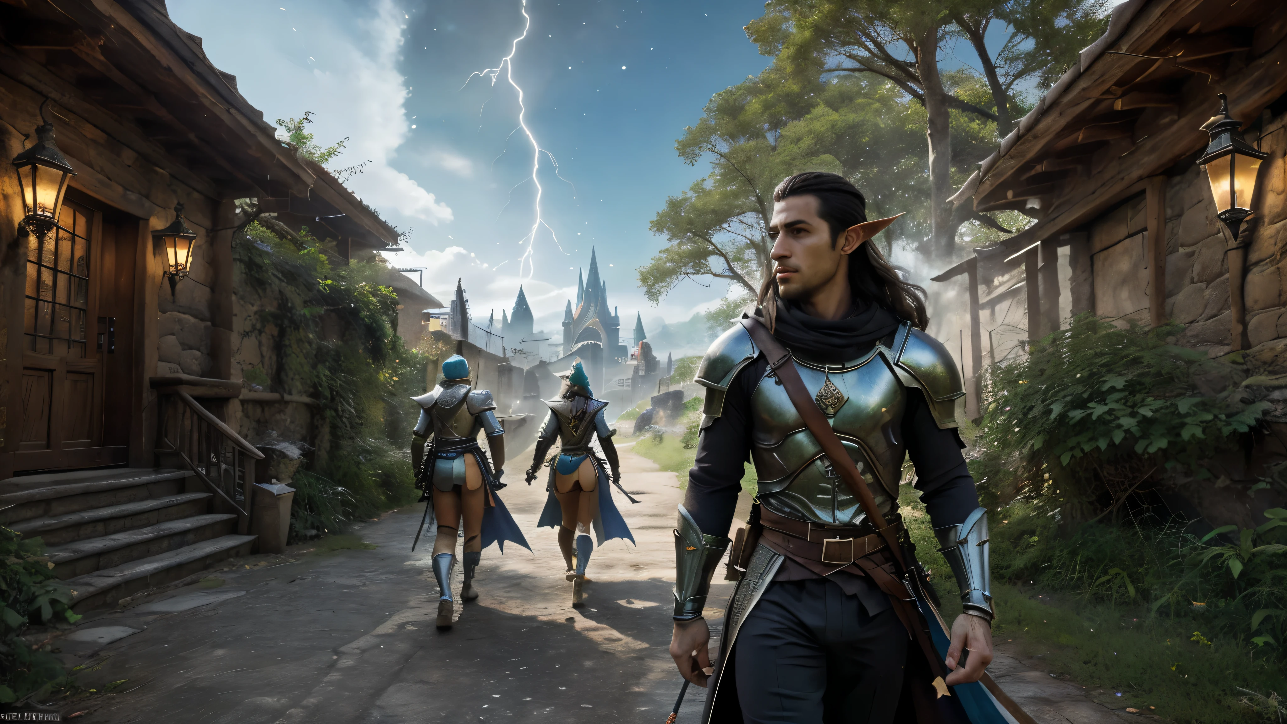 (8k, ARTISTIC photography, best quality, masterpiece: 1.2) ((best quality)), Nijistyle, medium shot, a latino elf man with pointy ears, green eyes, wears royal armor and pants firing lightning out of a magical bow and arrow, walking out of a blue portal into isekai fantasy society, the art and science of designing built environments, serves as a powerful predictor of health within isekai society. Its influence extends beyond aesthetics and functionality, surrounded by village, shaping various aspects of our lives, planets visible in the atmosphere, including economic stability, dragons flying around, define this idea with imagery. do not show text. create an appealing image typical of those shown on the front page of a world renowned magazine., each with unique architecture and culture, beauty light, Glitchart, 64K, high detail
