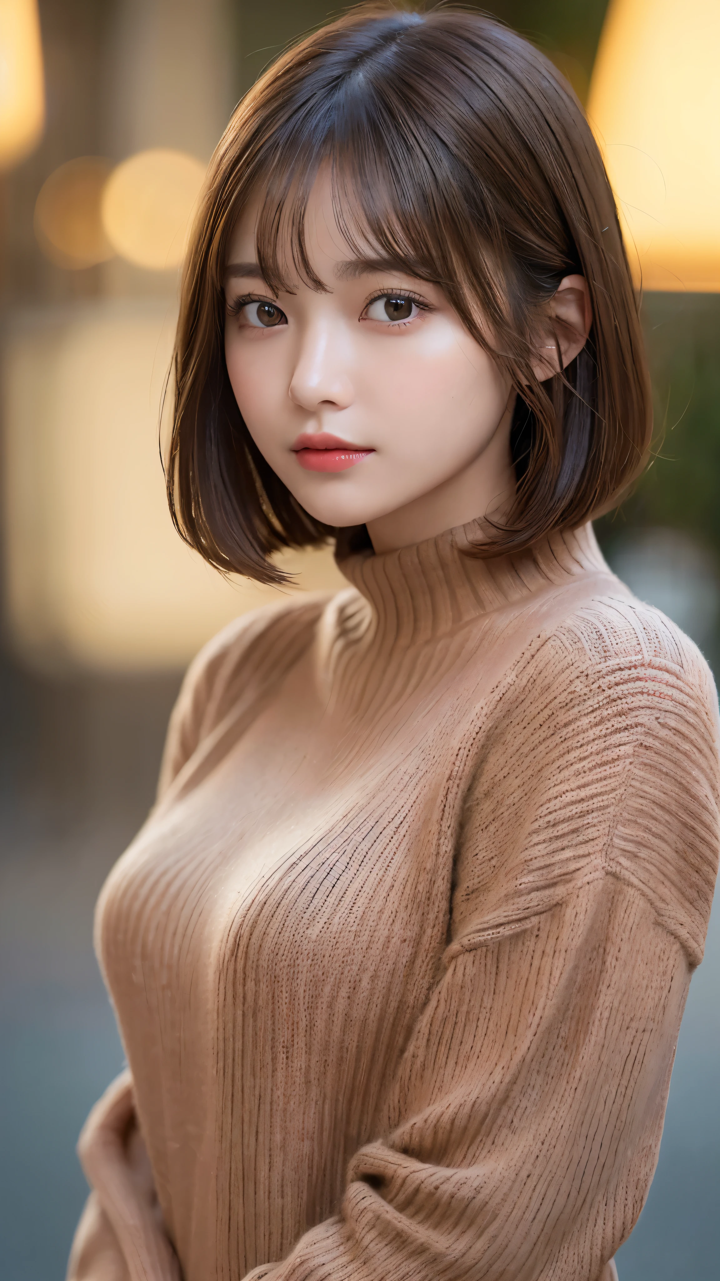 (masterpiece:1.5)、(realistic:1.5)、(highest quality:1.4、8K、RAW photo)、 ultra high resolution、professional lighting、perfect dynamic composition、film grain、chromatic aberration、(Bokeh:1.1)、 Frank、Sophisticated、charm、超realistic、high detail、golden ratio、 (1 girl)、slender girl、繊細でcharm女の子、cute woman:1.4、 serious expression、looking at the viewer、light brown hair、shining hair、The hairstyle is a bob cut、 skin that looks real、 close your mouth、fine eyes、double eyelid、thin arms、(red high neck rib sweater)