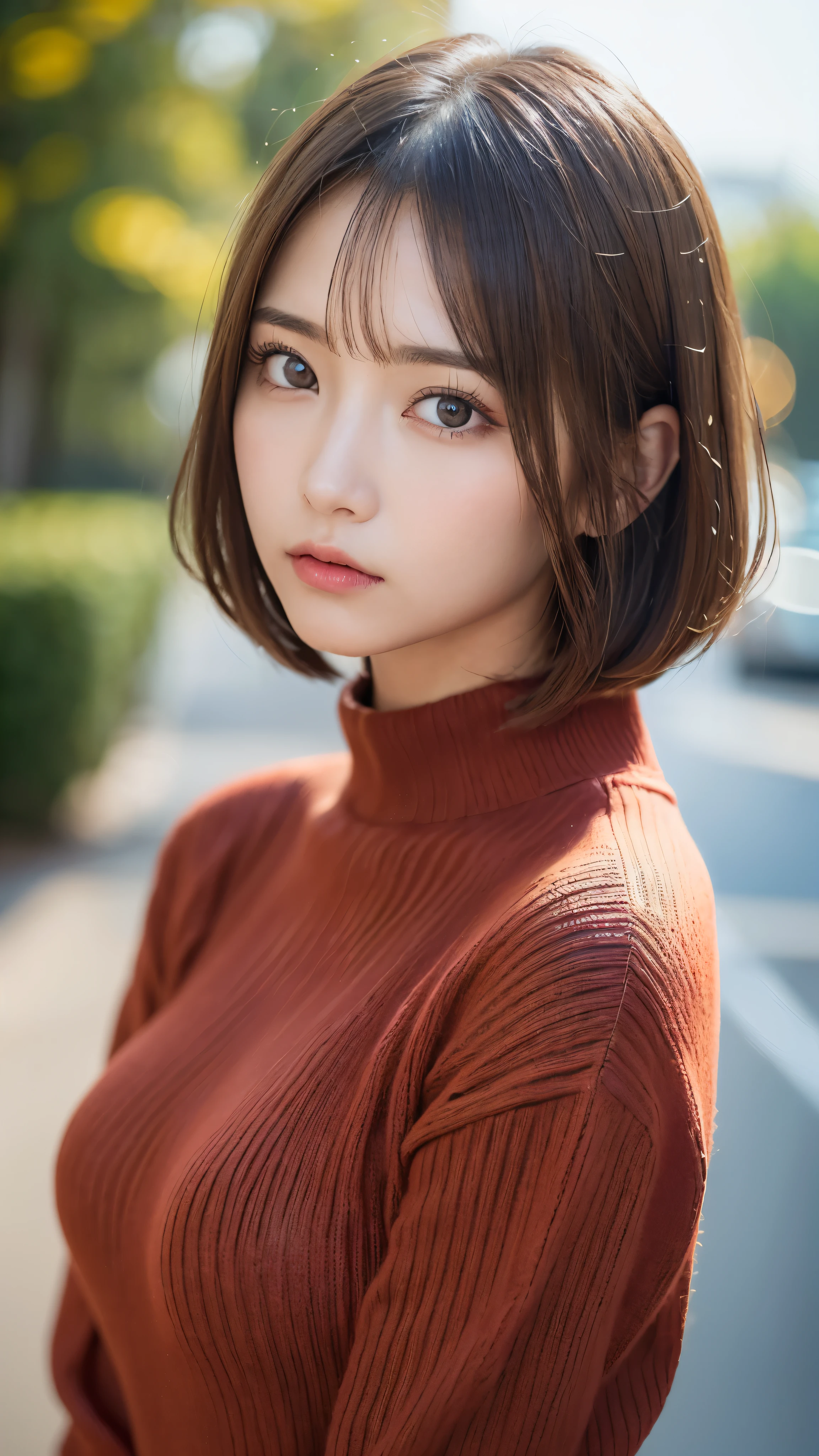 (masterpiece:1.5)、(realistic:1.5)、(highest quality:1.4、8K、RAW photo)、 ultra high resolution、professional lighting、perfect dynamic composition、film grain、chromatic aberration、(Bokeh:1.1)、 Sophisticated、超realistic、high detail、golden ratio、 (1 girl)、slender girl、delicate and attractive girl、cute woman:1.4、 serious expression、looking at the viewer、light brown hair、shining hair、The hairstyle is a bob cut、 skin that looks real、 close your mouth、fine eyes、double eyelid、thin arms、(red high neck rib sweater)