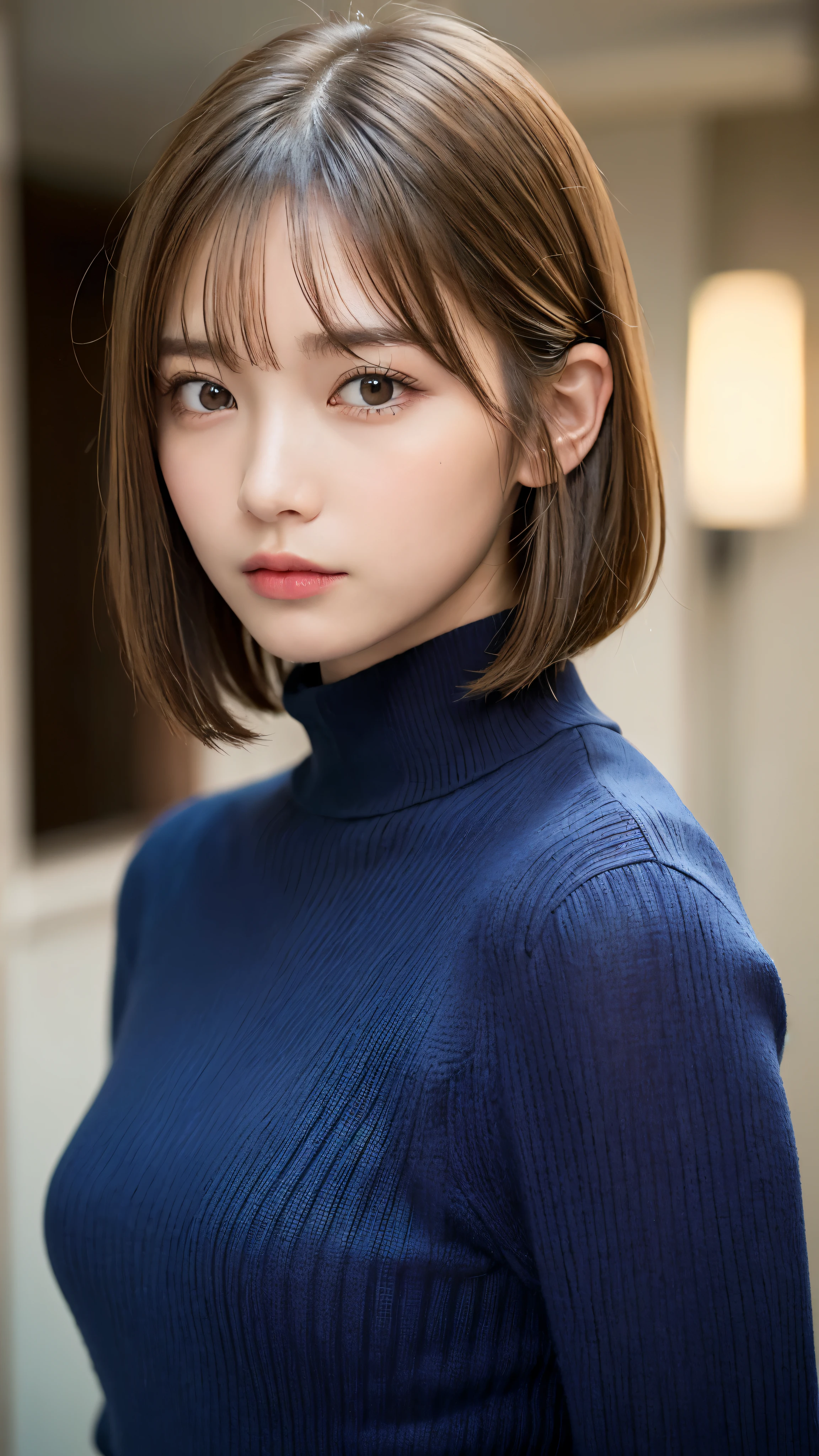 (masterpiece:1.5)、(realistic:1.5)、(highest quality:1.4、8K、RAW photo)、 ultra high resolution、professional lighting、perfect dynamic composition、film grain、chromatic aberration、(Bokeh:1.1)、 Sophisticated、超realistic、high detail、golden ratio、 (1 girl)、slender girl、delicate and attractive girl、cute woman:1.4、 serious expression、looking at the viewer、light brown hair、shining hair、The hairstyle is a bob cut、 skin that looks real、 close your mouth、fine eyes、double eyelid、thin arms、(Dark blue high neck ribbed sweater)