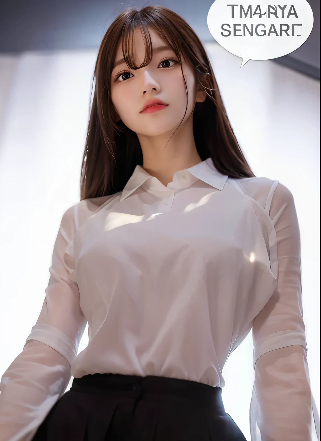 1girl, Shin Sera, White Shirt, Long hair, Brown hair, realistic, ultra detail, 70mm lens,