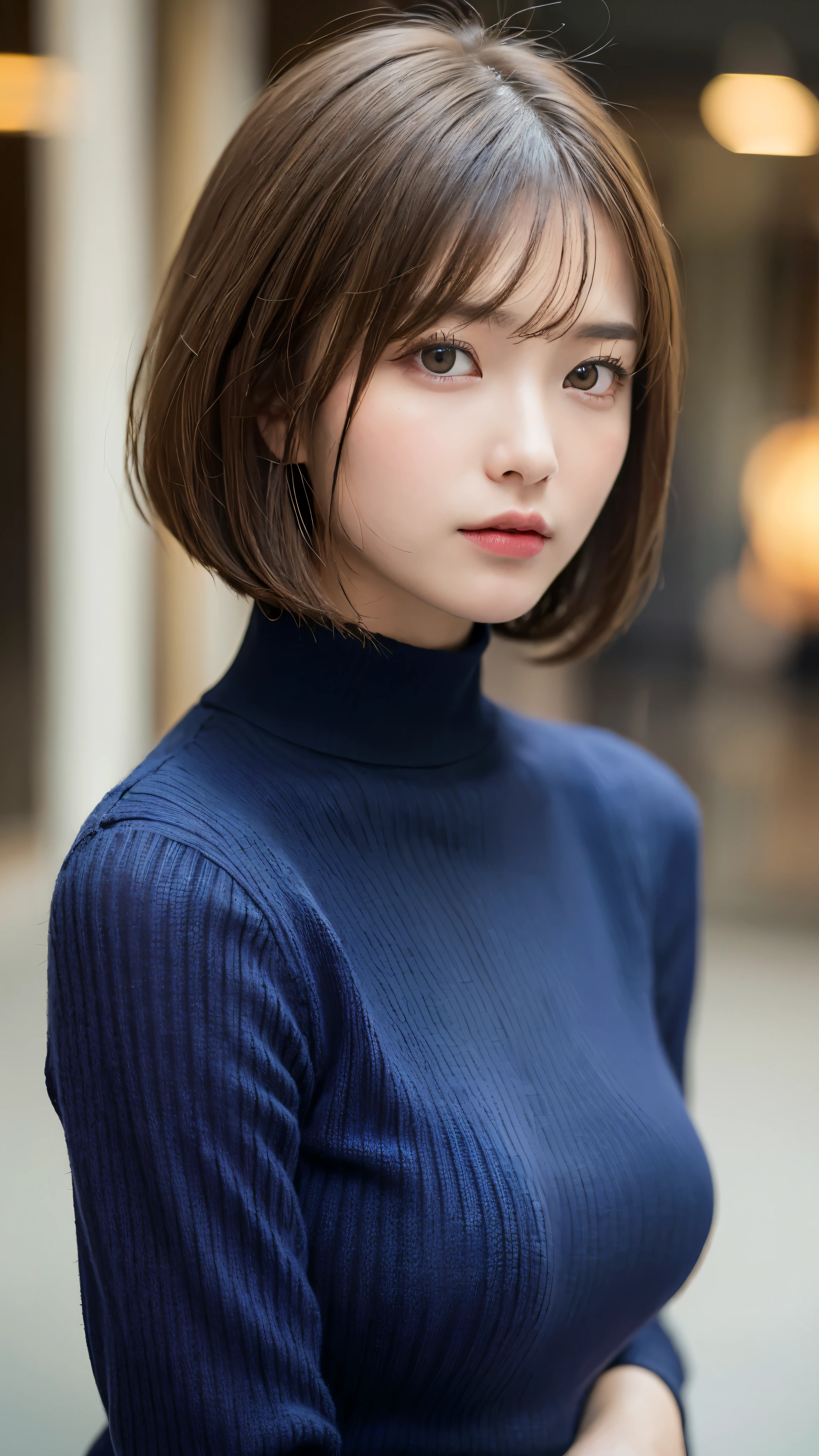 (masterpiece:1.5)、(realistic:1.5)、(highest quality:1.4、8K、RAW photo）、 ultra high resolution、professional lighting、perfect dynamic composition、film grain、chromatic aberration、(Bokeh:1.1)、 Sophisticated、超realistic、high detail、golden ratio、 (1 girl)、slender girl、delicate and attractive girl、cute woman:1.4、 serious expression、looking at the viewer、light brown hair、shining hair、The hairstyle is a bob cut、 skin that looks real、 close your mouth、fine eyes、double eyelid、thin arms、(Dark blue high neck ribbed sweater)