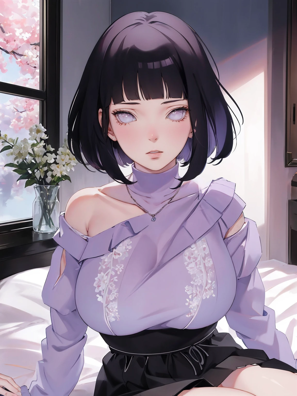 { - anatomy error} (Masterpiece - Ultra-detailed, very high resolution) (huge titusty, masterpiece, absurdres, hinata\(boruto\), 1girl, solo,mature female, off-shoulder bra, high waist black short skirt, looking at viewelling petals), perfect composition, detailed lips, big breast, beautiful face, body propotion, blush, (pink lips), short hair, (black hair), purple eyes, soft gaze, super realistic, detailed, photoshoot, realistic face and body, closed mouth, sitting on the bed , lilac eyes, full body, lace clothes, with chin resting on shoulder, perfect fingers