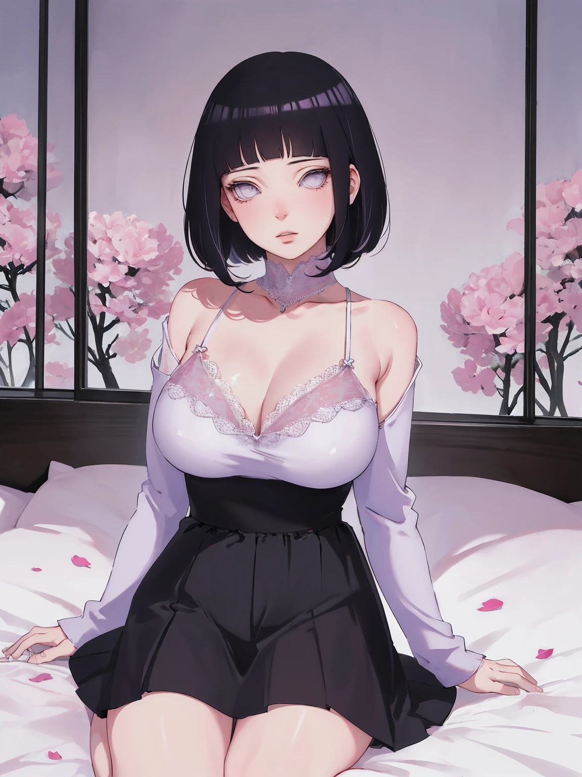 { - ??????? error} (Masterpiece - Ultra-detailed, very high resolution) (huge titusty, masterpiece, absurdres, hinata\(boruto\), 1girl, solo,mature female, off-shoulder bra, high waist black short skirt, looking at viewelling petals), perfect composition, detailed lips, big ??????, beautiful face, body propotion, blush, (pink lips), short hair, (black hair), purple eyes, soft gaze, super realistic, detailed, photoshoot, realistic face and body, closed mouth, sitting on the bed , lilac eyes, full body, lace clothes, with chin resting on shoulder, perfect fingers