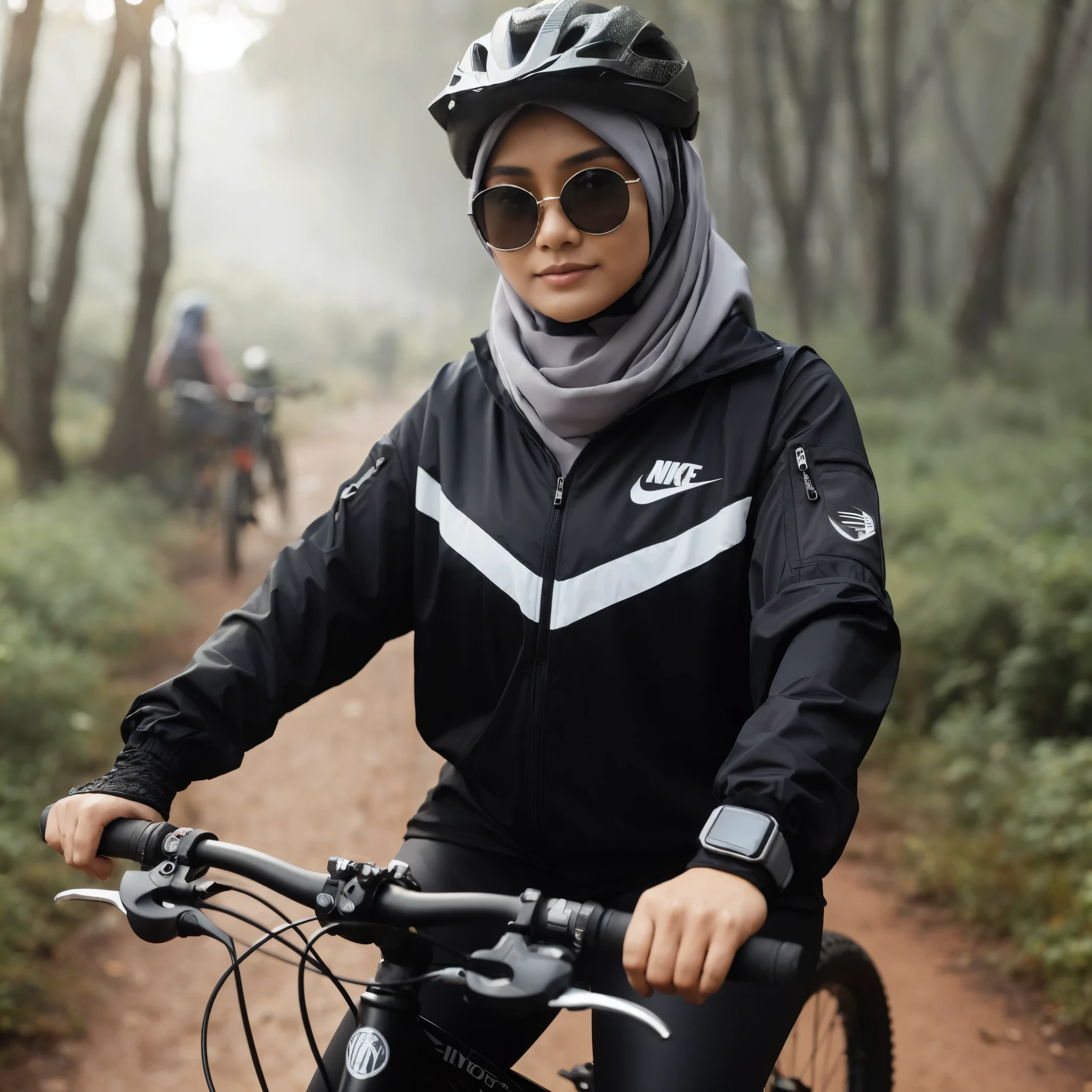 create a photography of an indonesia woman wearing hijab inside nike jacket parasut sporty, bike helm, sunglasses, smart watch and black leging, on her mountain bike, natural and no make up