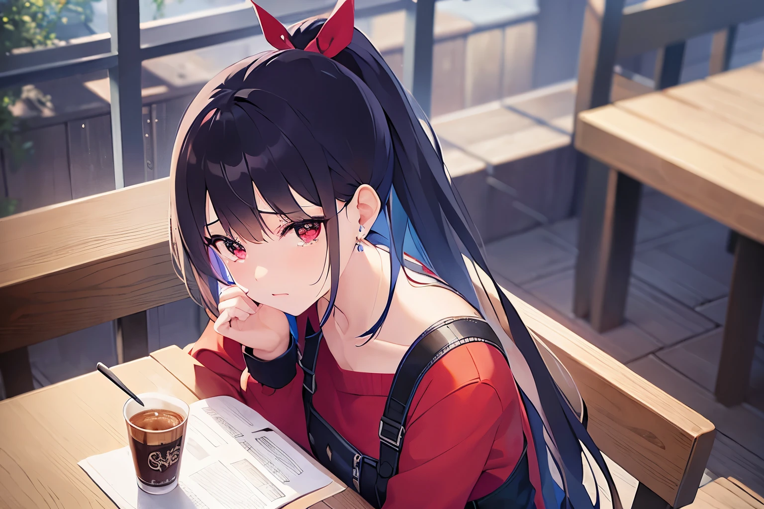 shooting from above、high quality、masterpiece、Upper Body, shiny skin, japanese idol、shiny hair、(25 year old woman with black bangs) and (ponytail) and (red eyes), Wearing a plain red shirt with long sleeves, (tears:1.2), The background is inside a café、Sitting at the table