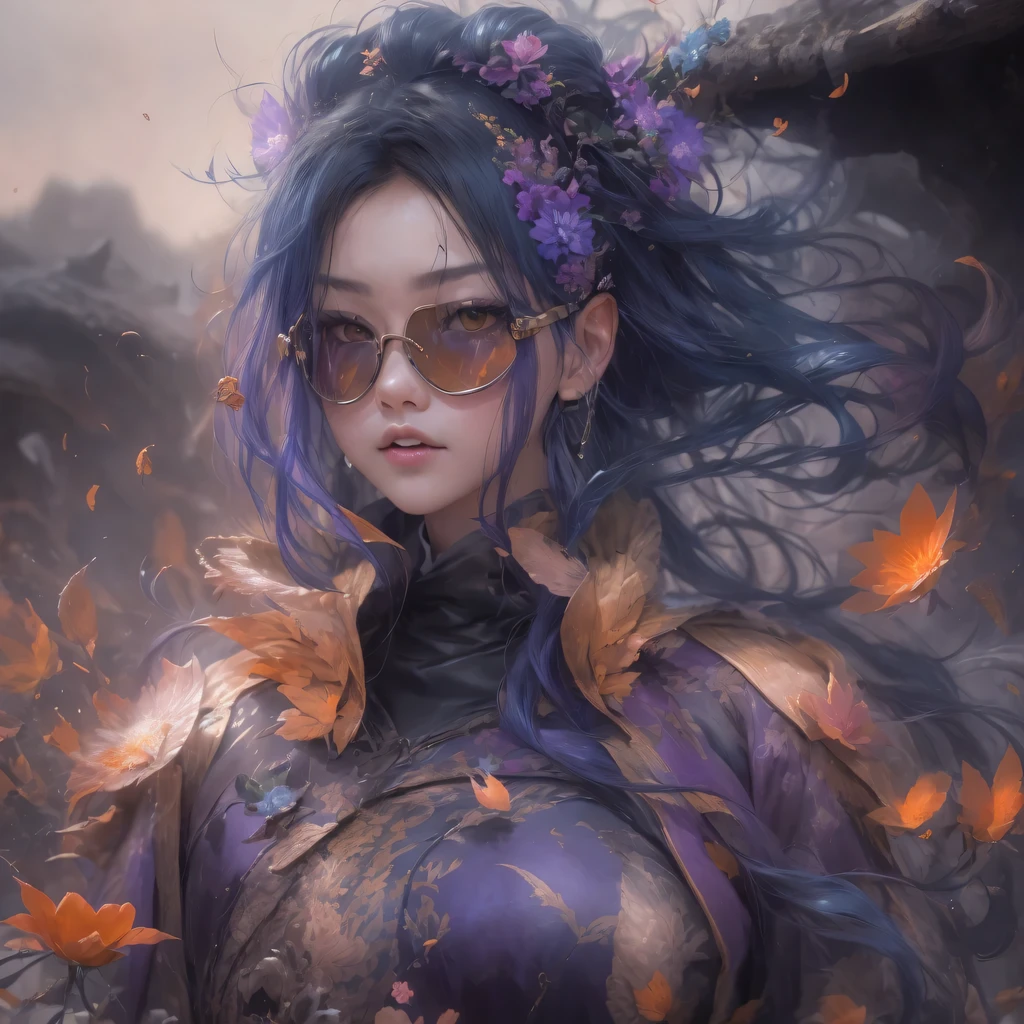 Chapter 3679 The Year of Cyberpunk（masterpiece，HD，超HD，32k lotus root starch）Bright purple flowing hair，autumn pond， lotus root starch color， Asian （Michiko）， （silk scarf）， fighting stance， looking at the colorful balloons， Orange gradient long hair， ((Thick frame reflective jade windproof goggles))Floating bright purple， Fire cloud gold headdress， Chinese long-sleeved gold silk garment， （Abstract ink splash：1.2），mars background，lotus（realistically：1.4），bright purple hair，Smoke on the road，The background is very ivory、pure， high resolution， Detailed wind protection goggles， RAW photos lotus root starch， Sharp Re， Nikon D850 film photo by Jefferies Lee 4 Kodak Portra 400 camera F1.6 guns, rich and colorful, Super real、Vivid texture, dramatic lighting, Unreal Engine Art Station Trend, Silicon Nest 800