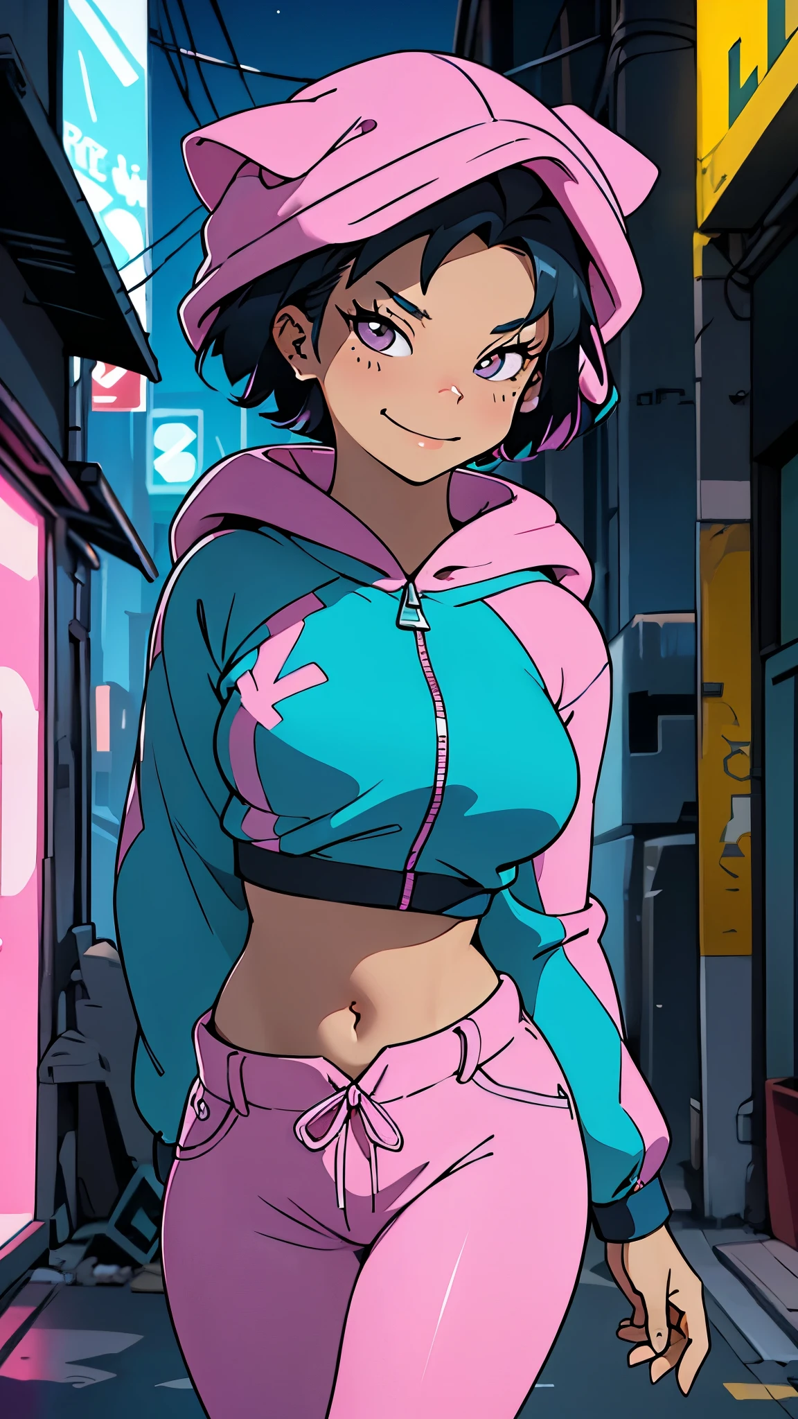 (La mejor calidad,A high resolution,Ultra - detallado,actual),amywong, black hair, 1girl, solo, black eyes, pink hoodie, short hair, navel, pink pants, long sleeves,looking at viewer, smile, standing, best quality, high quality, masterpiece, absurdres,   (alley background big stones), ,( ciberpunk 2.1), More detailed 8K.motor irreal:1.4,UHD,La mejor calidad:1.4, fotorrealista:1.4, textura de la piel:1.4, obra maestra:1.8,obra-prima, mejor calidad,objeto Objeto], (detailed face features:1.3),(Las proporciones correctas),(Ojos hermosos azules),  (pose vaquero)