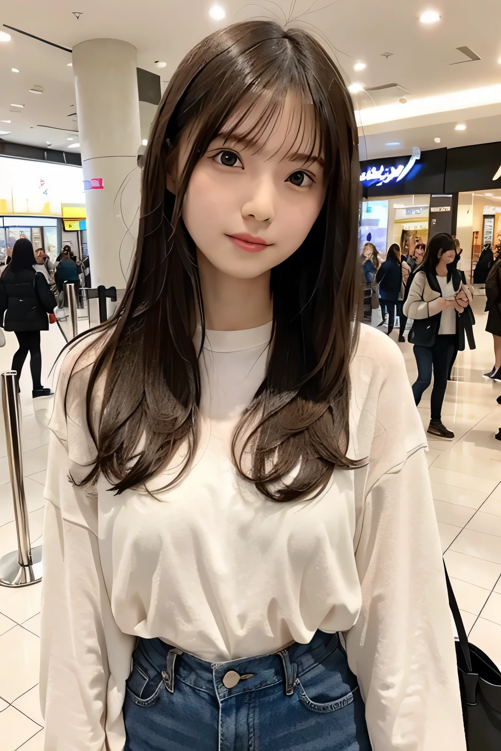 8k、High resolution、high nose、narrow eyes、skinny、no makeup、the face you show to your lover、sexy eyes、white skin、transparent skin、slimming、wrinkles around the eyes、Vertical plane、transparent skin、shiny hair、Fashion Model、small breasts、light that illuminates the front of the face、look at the camera、Eyes of the Upper Eye、Travel Photography、playful figures、goddess of beauty、There are many angels around、Shopping mall、skinny