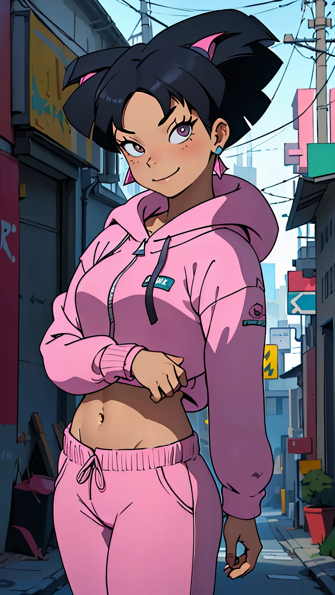 (La mejor calidad,A high resolution,Ultra - detallado,actual),amywong, black hair, 1girl, solo, black eyes, pink hoodie, short hair, navel, pink pants, long sleeves,looking at viewer, smile, standing, best quality, high quality, masterpiece, absurdres,   (alley background big stones), ,( ciberpunk 2.1), More detailed 8K.motor irreal:1.4,UHD,La mejor calidad:1.4, fotorrealista:1.4, textura de la piel:1.4, obra maestra:1.8,obra-prima, mejor calidad,objeto Objeto], (detailed face features:1.3),(Las proporciones correctas),(Ojos hermosos azules),  (pose vaquero)