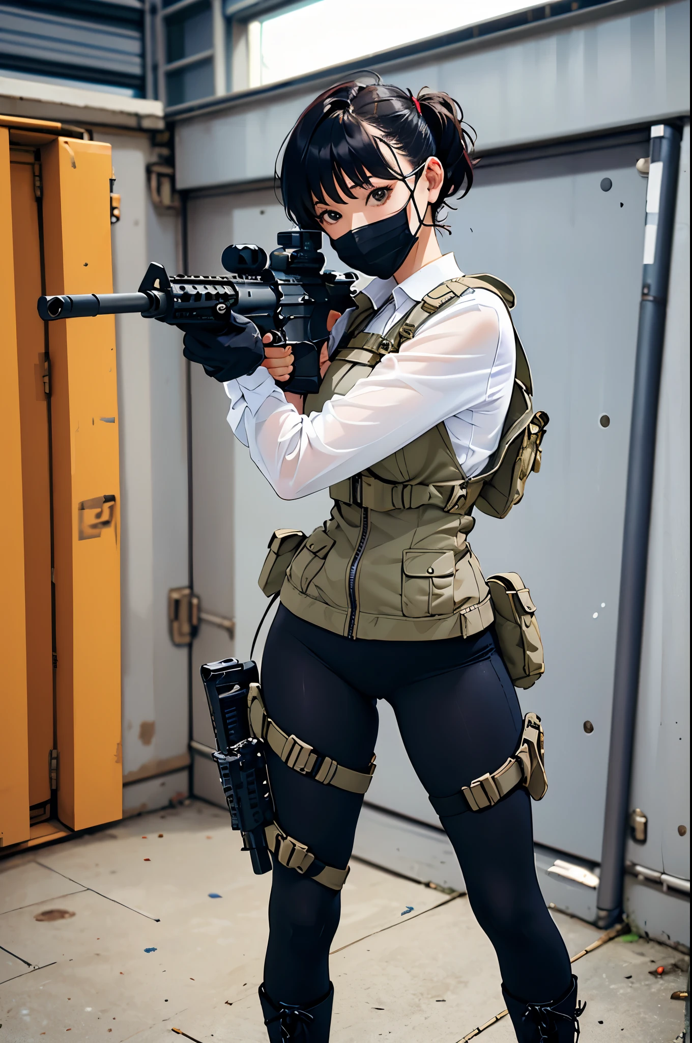 femele,Short-cut hairstyles、 独奏,Full Face Mask, goggles、(Tight bodysuit with dark skin, long boots), Full body, Cowboy Shot, (How to hold and aim a weapon, M4 carbine), Realistic, Shoulder holster, Shooting Range Background