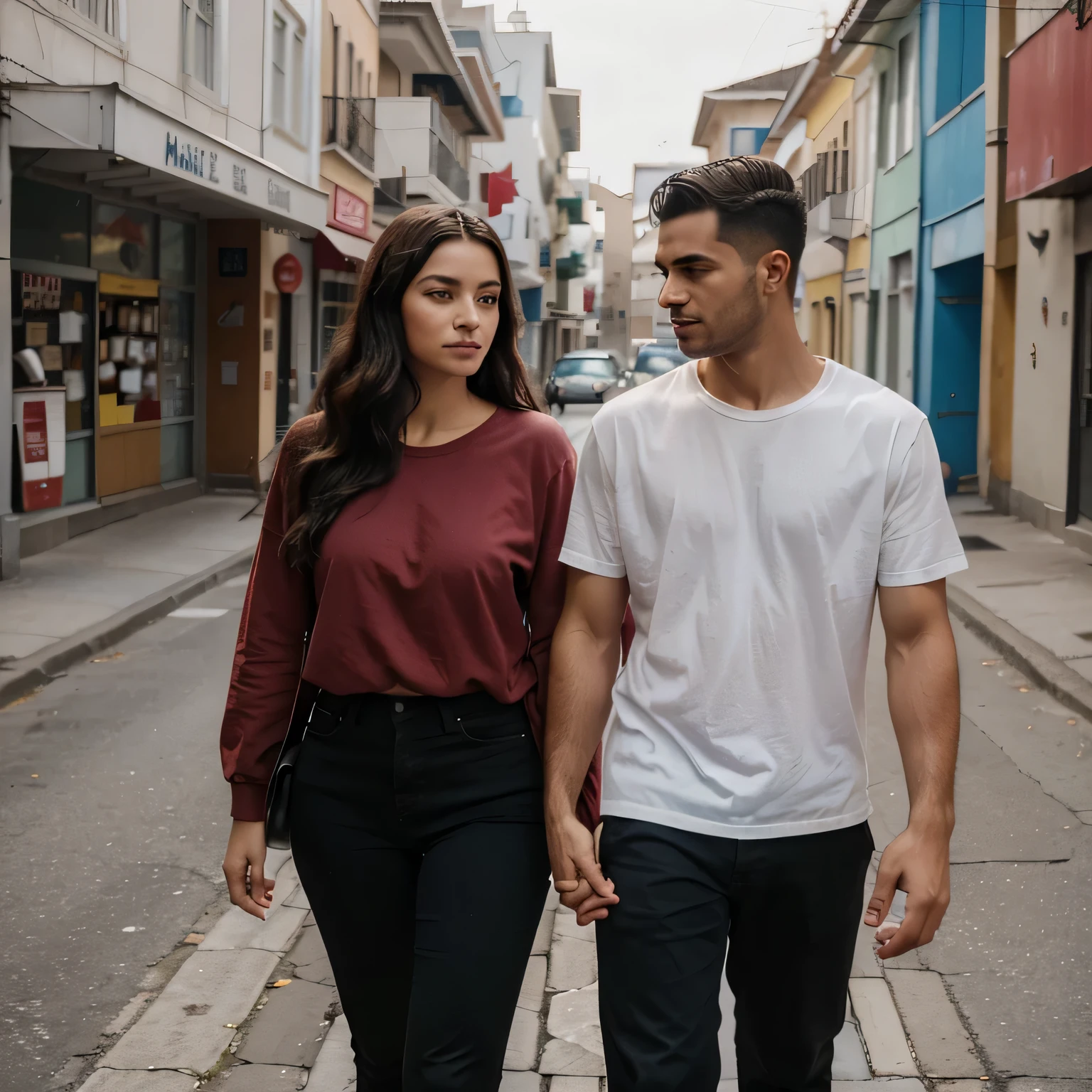 1 Valentine couple holding hands on the street walking, A mulher e caucasiano com cabelo encaracolado vermelho, o homem pardo cabelo encaracolado preto, ((foto 3x4)), olhando de frente , fixamente