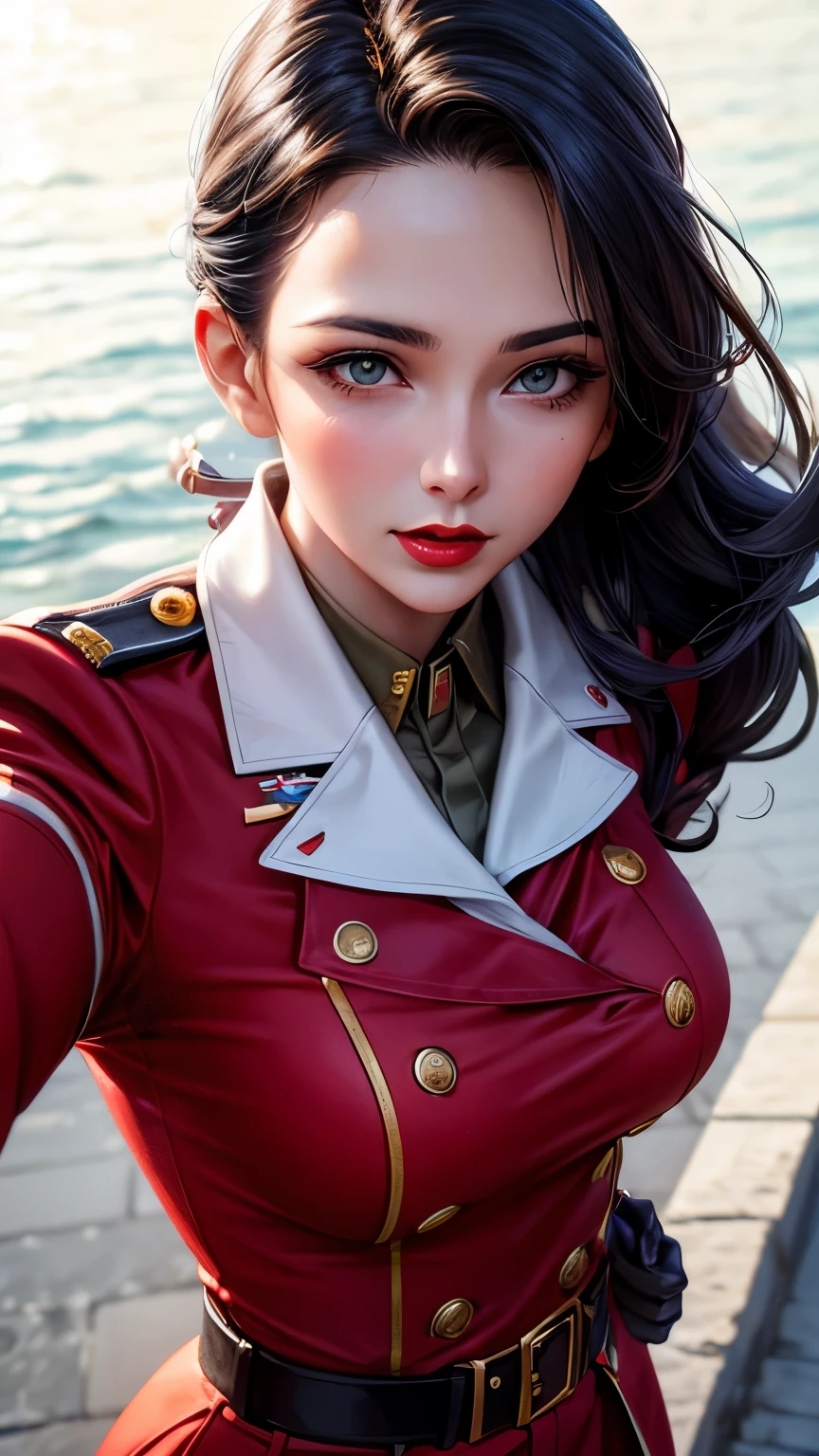 Goddess Woman, 30 years, adult, military uniform, nigth, soft ligth, red lips, face detail, from above, fingers --style realistic-imagine -