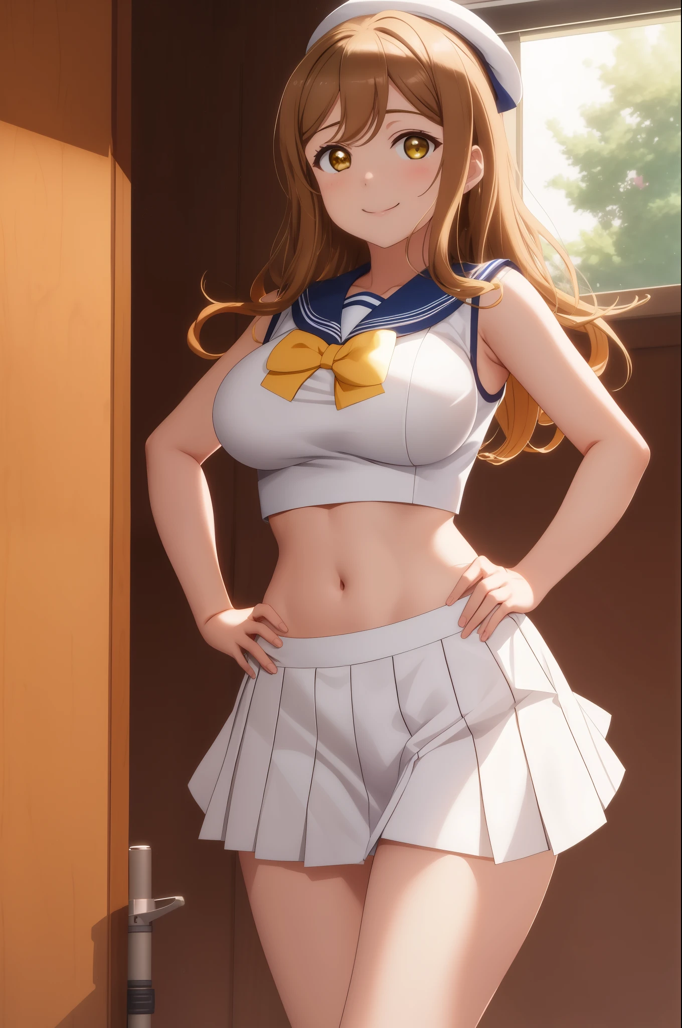 masterpiece, best quality, (kunikida hanamaru), (long hair:0.888),sailor top, school skirt, navel, standing ,one hand on hip another hand on head,smile, sleeveless, thighs, cowboy shot, hair ornamen ,big breast