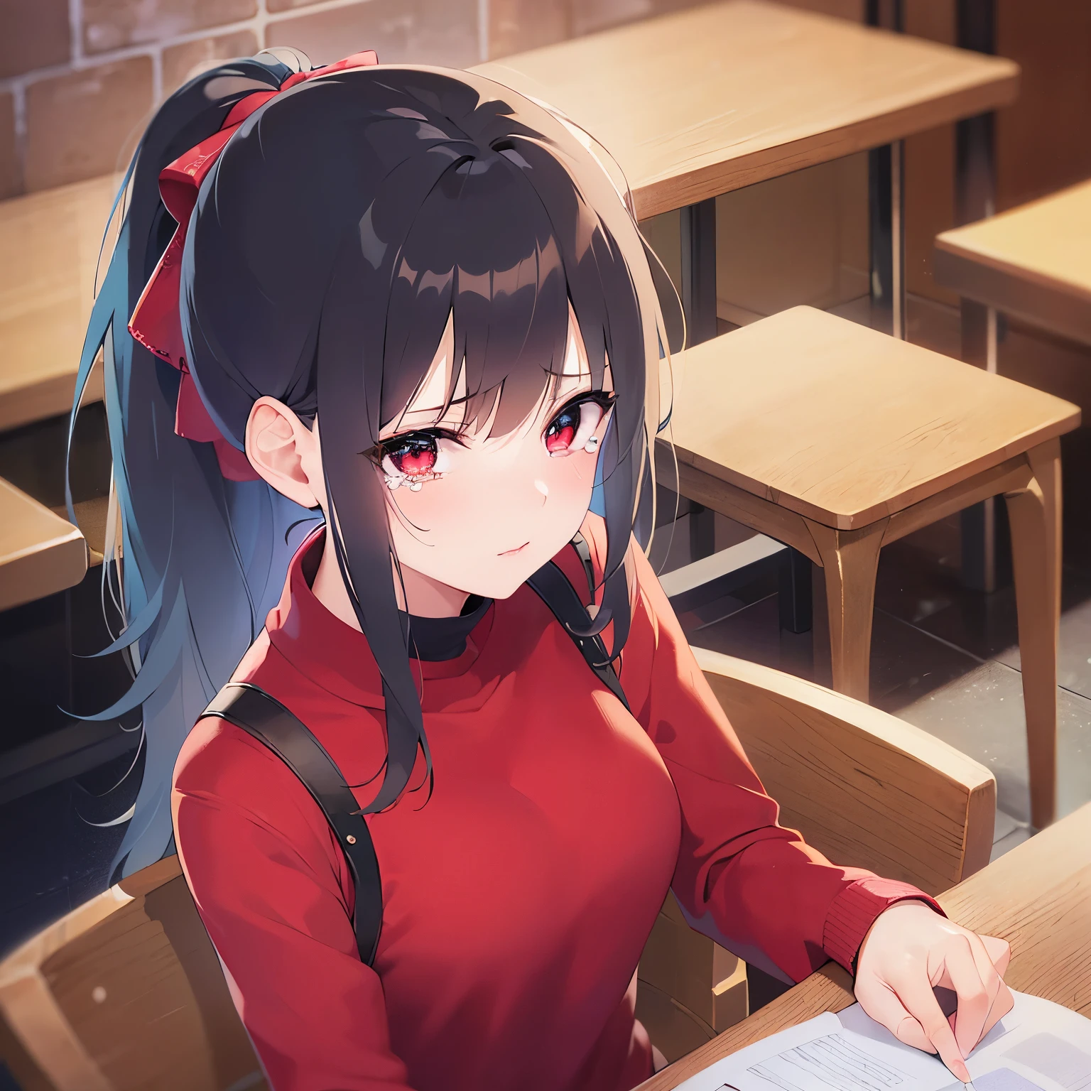 shooting from above、high quality、masterpiece、Upper Body, shiny skin, japanese idol、shiny hair、(25 year old woman with black bangs) and (ponytail) and (red eyes), Wearing a plain red shirt with long sleeves, (tears:1.2), The background is inside a café、Sitting at the table