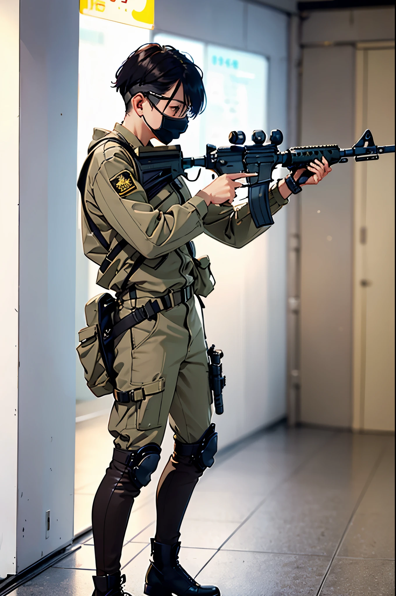 femele,Short-cut hairstyles、 独奏,Full Face Mask, goggles、(Tight bodysuit with dark skin, long boots), Full body, Cowboy Shot, (How to hold and aim a weapon, M4 carbine), Realistic, Shoulder holster, Shooting Range Background