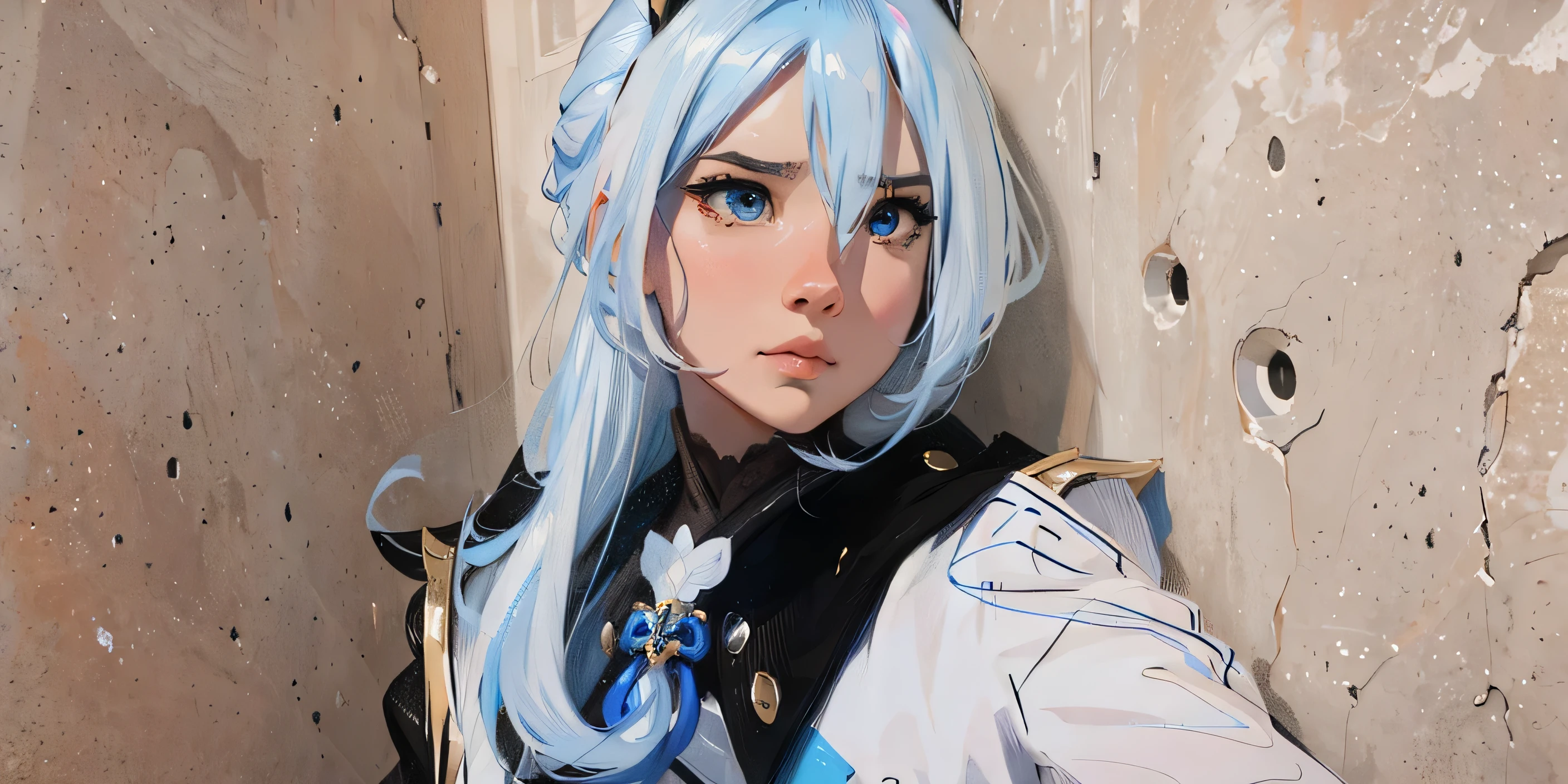((Best Quality, 8K, Masterpiece: 1.3)), best quality, ultra high res, there is a girl with a blue hair and a black and white shirt, anime cosplay, eula, eula from genshin impact, cute face, big eyes, eula from genshin impact, detail, cosplay, professional cosplay, perfect face beauty girl, anime inspired