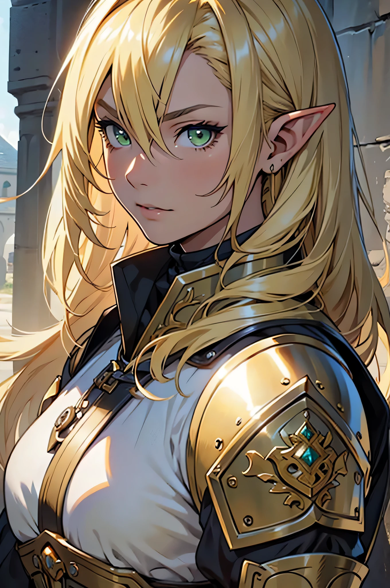 anime, masterpiece, best quality, by professional artist, 1girl, female, solo, upper body portrait, detailed composition, detailed eyes, detailed hair, elf, blonde hair, lime green eyes, aloof facial expression, medieval steel armor, mature, middle aged