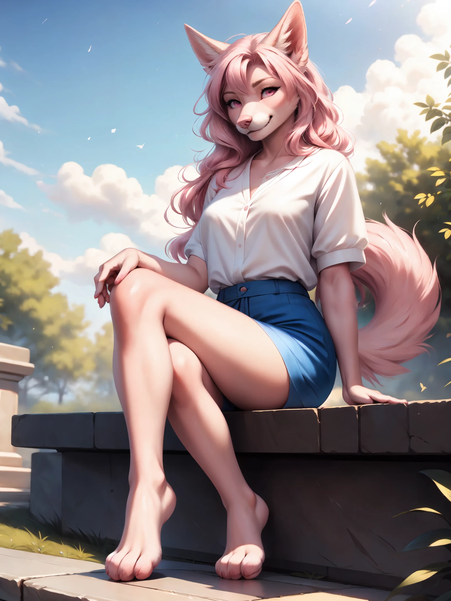 , by personalami, by totesfleisch8, by darkgem, by photonoko, realistic, hyper realistic, Solo, Athena, pink domestic dog, pink furry body, wavy pink hair, pink nose, pink eyes, pink dog tail, pointy dog ears, wearing white blouse, blue boy shorts, barefoot, feet paws, 4 toes, posing seductive, in a heavenly park, sitting on an elegant stone