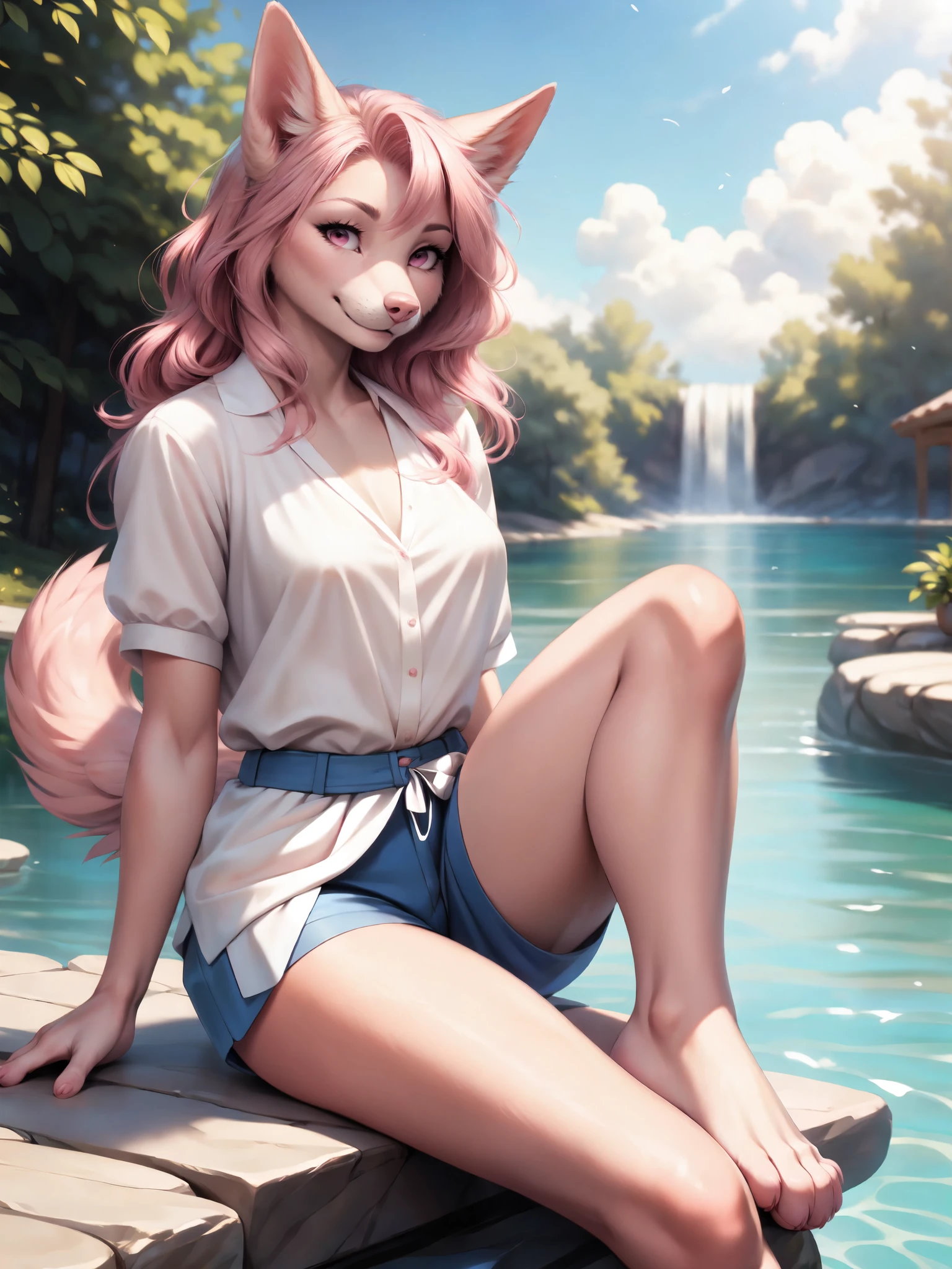 , by personalami, by totesfleisch8, by darkgem, by photonoko, realistic, hyper realistic, Solo, Athena, pink domestic dog, pink furry body, wavy pink hair, pink nose, pink eyes, pink dog tail, pointy dog ears, wearing white blouse, blue boy shorts, barefoot, feet paws, 4 toes, posing seductive, in a heavenly park, sitting on an elegant stone
