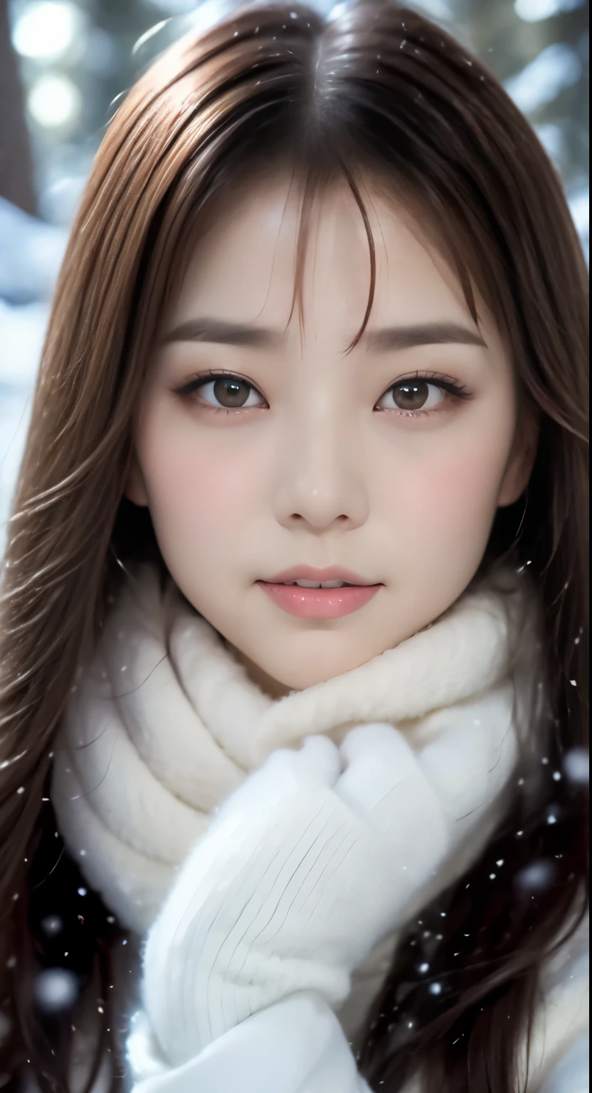 1 female, (close up of face:1.5), light brown hair, dull bangs, hair behind the ear, hair on shoulders, long hair, slender body shape, Extra-fine face, thin face, delicate lips, (beautiful eyes:1.5), light blush, eyes are light brown,watch here, extra thin hands, Super thin fingers, Optimal ratio of 4 fingers and 1 thumb, (realistic:1.3), white long coat, Scarf , gloves、Coniferous forest with heavy snowfall, It's snowing .one person's perspective, 8K, table top, nffsw, Super detailed, high quality, 最high quality, High resolution,
