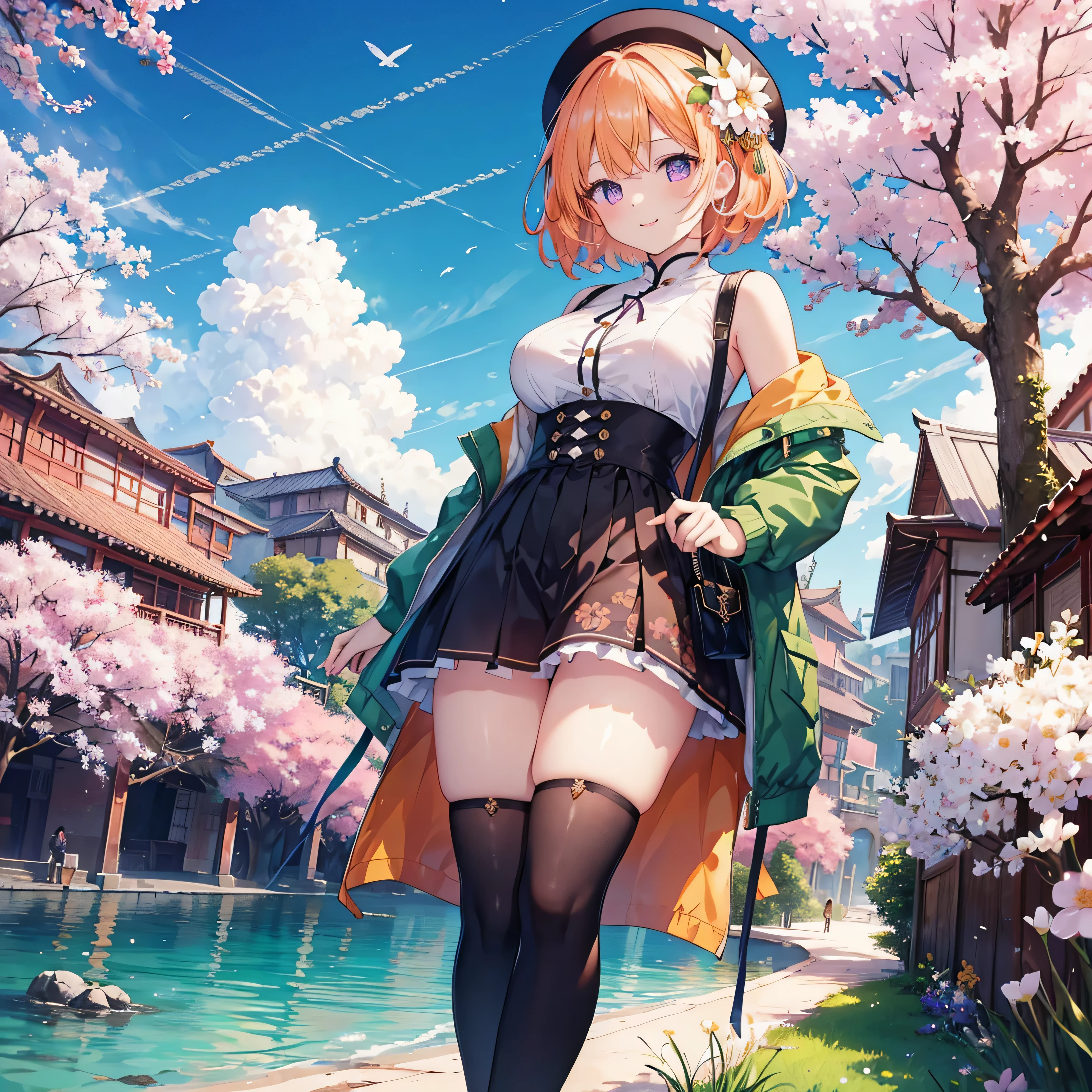 {{{one girl with seven heads}}}, beautiful detailed girl, game CG, spring blossoms, short bob hair, pastel orange hair, purple eyes, Fashionable accessories, alone, Breast augmentation, medium shoot, woman, big breasts,{{{{{Black flared skirt}}}}}, Stylish bag, {{{{{Wearing a green jacket}}}}}, white camisole, beautiful and detailed eyes, highest quality, super delicate, highest quality, official art、highest quality、unity 8k wallpaper、32K、masterpiece、Super detailed, blue sky visible in the distance, Asahi, fantasy background,A city full of flowers and light, Chinese style city, clouds in the distance, thick thighs, cute smile, open your mouth, A few birds are flying in the distance,Event still images,brown boots,