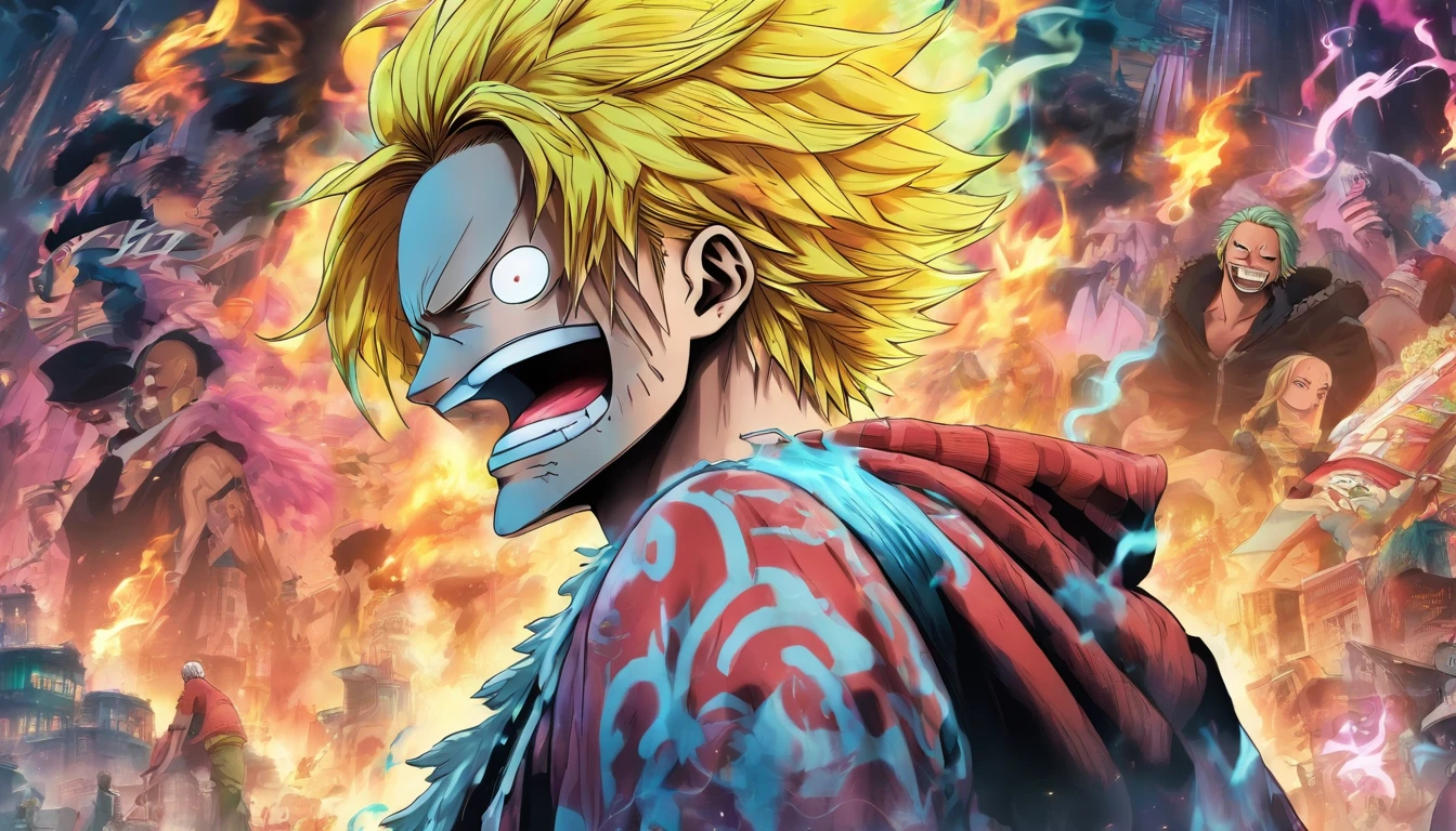 Vinsmoke Sanji in anime one piece in the middle with his back turned against the viewer he has expressions and poses of confusion and despair he is being surrounded by many invisible screens he is wearing a hoodie it’s a cyberpunk environment the background is white the male, smoking cigarette.
