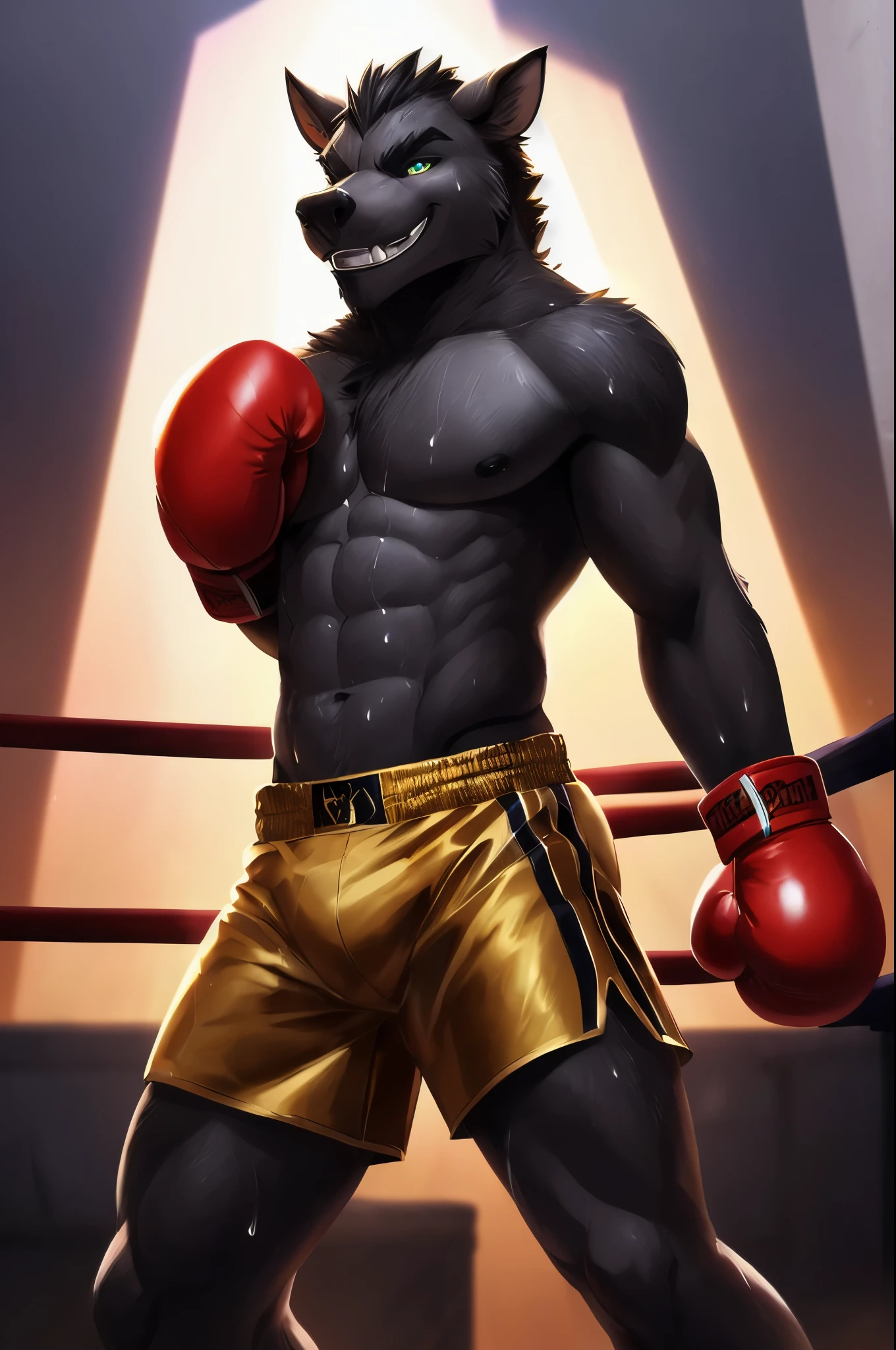 Detailed picture of a confident male anthro, (wild boar, dark gray fur, lean body) in a boxing ring, trending on Art Station, Ross Tran, ruan jia, foxovh, ((standing victorious, toothy smile, sweating, wearing gold shorts, ((boxing gloves,)) (((dynamic lighting,)))