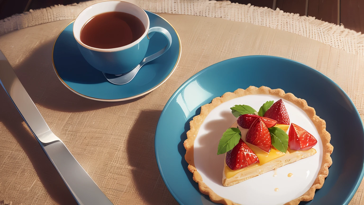 fruit tart on a plate、coffee