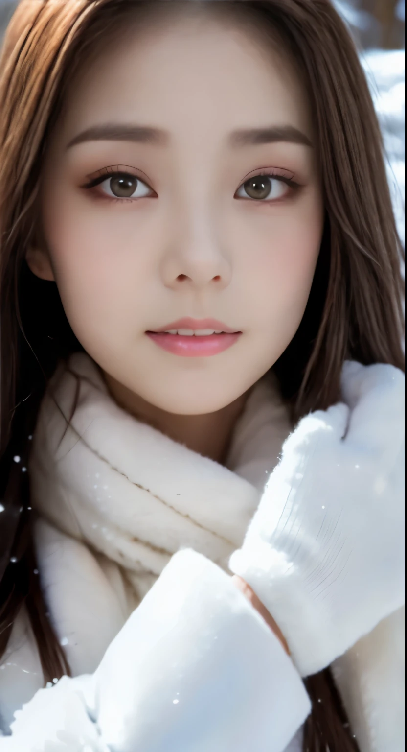 1 female, (close up of face:1.5), light brown hair, dull bangs, hair behind the ear, hair on shoulders, long hair, slender body shape, Extra-fine face, thin face, delicate lips, (beautiful eyes:1.5), light blush, eyes are light brown,watch here, extra thin hands, Super thin fingers, Optimal ratio of 4 fingers and 1 thumb, (realistic:1.3), white long coat, Scarf , gloves、Coniferous forest with heavy snowfall, It&#39;s snowing  .one person&#39;s perspective,  8K, table top, nffsw, Super detailed, high quality, 最high quality, High resolution,
