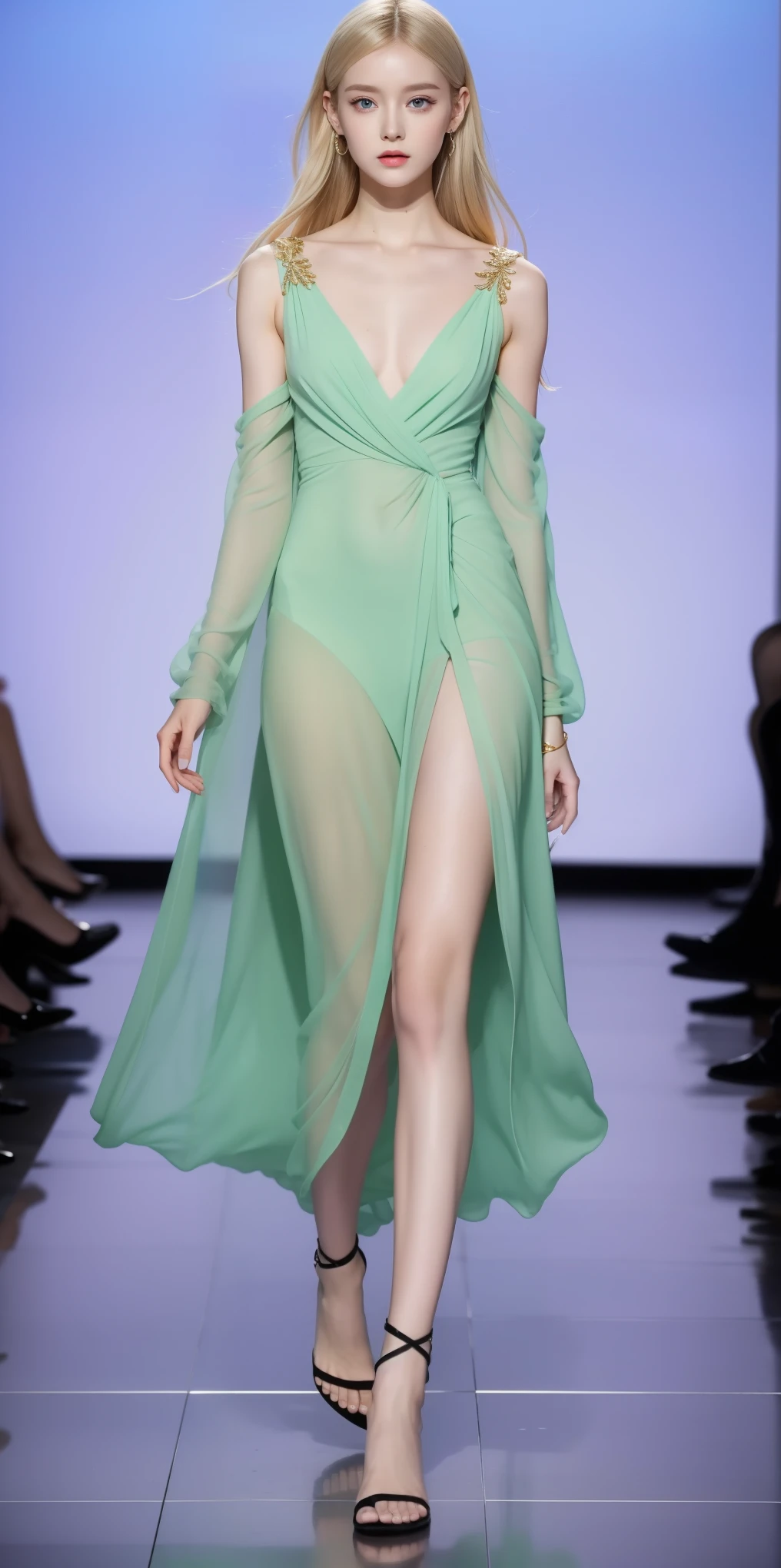 Beautiful woman in a dream space, Tight ultra-thin dress gold, 18K, {{masterpiece}}, best quality, high quality:1.4), {{[[Look head-on}}, Eye_touch,Various photo taking actions)]], The face is beautiful, and very pretty Eyes, Lovely图像, (((Full body image))),（（beautiful legs））, perfect body proportions，（slim sexy body）, （177 meters）, alone, long legs, charming, ，Lovely, pale skin, {{German girls 18 to 22 years old}}, look beautiful German girl and blue Eyes or green Eyes with platinum blonde hair color), Nordic German girl,Modern tailoring garments，see through clothes，Exterior，𝓡𝓸𝓶𝓪𝓷𝓽𝓲𝓬，Vision