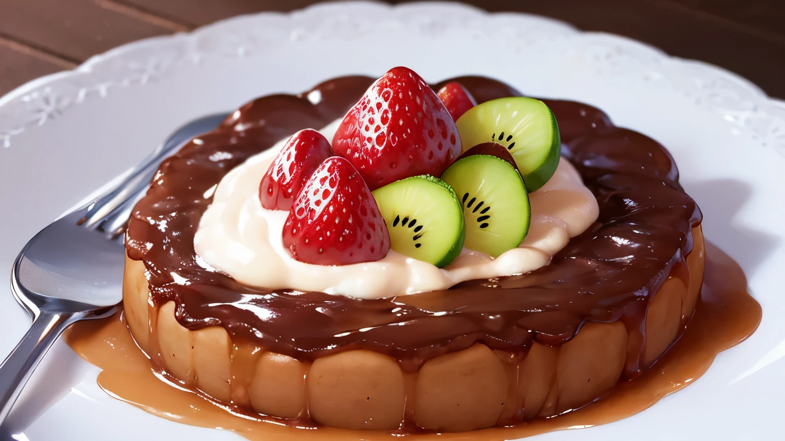 Strawberry, orange and kiwi fruit tart on a plate、coffee