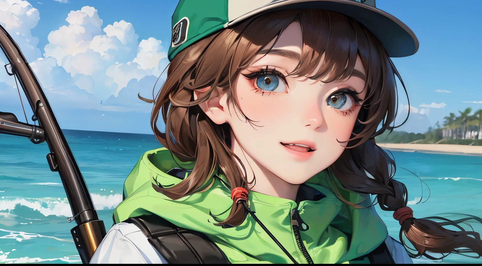 (((1 female)))、(highest resolution、clear_image) highest quality、(((防波堤でfishing rodを持っている)))、masterpiece、very detailed、semi-realistic、((wearing a cap)),brown hair、braided hairstyles、detailed face,beautiful eyes,smile、bangs、20-year-old、young、sea fishing,surf casting,fishing rod,reel,Waders、Outdoor Vest,hoodie,delicate features,facial features,