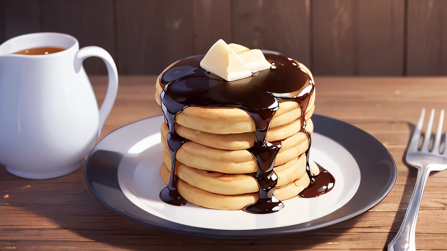 Three stacked pancakes on a plate、Maple syrup