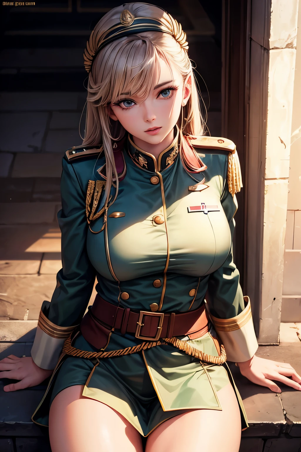 Goddess Woman, 30 years, adult, military uniform, nigth, open legs, soft ligth, parted lips, face detail, from above, fingers --style realistic-imagine -