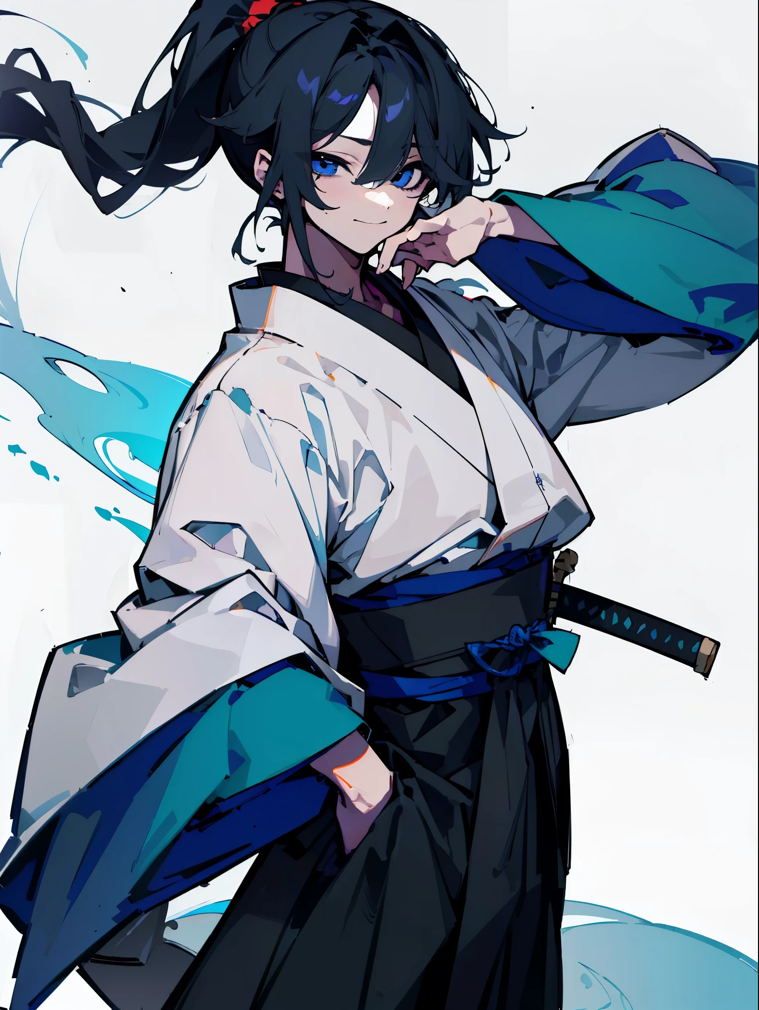 (highest quality、masterpiece:1.2) 1 boy、(Bai Taoist、Long Black Hakama) ponytail、long hair of light blue near white,,、blue eyes、Japanese sword、elegant、attractive、Beautiful and well-groomed face、beautiful eyes、beautiful hair、smooth skin、beautiful mouth、Fashionable with a change of clothes、Pulling up hair、One hand is on his hip((hair above one eye, one eye covered)) (a ferocious look、vulgar smile)